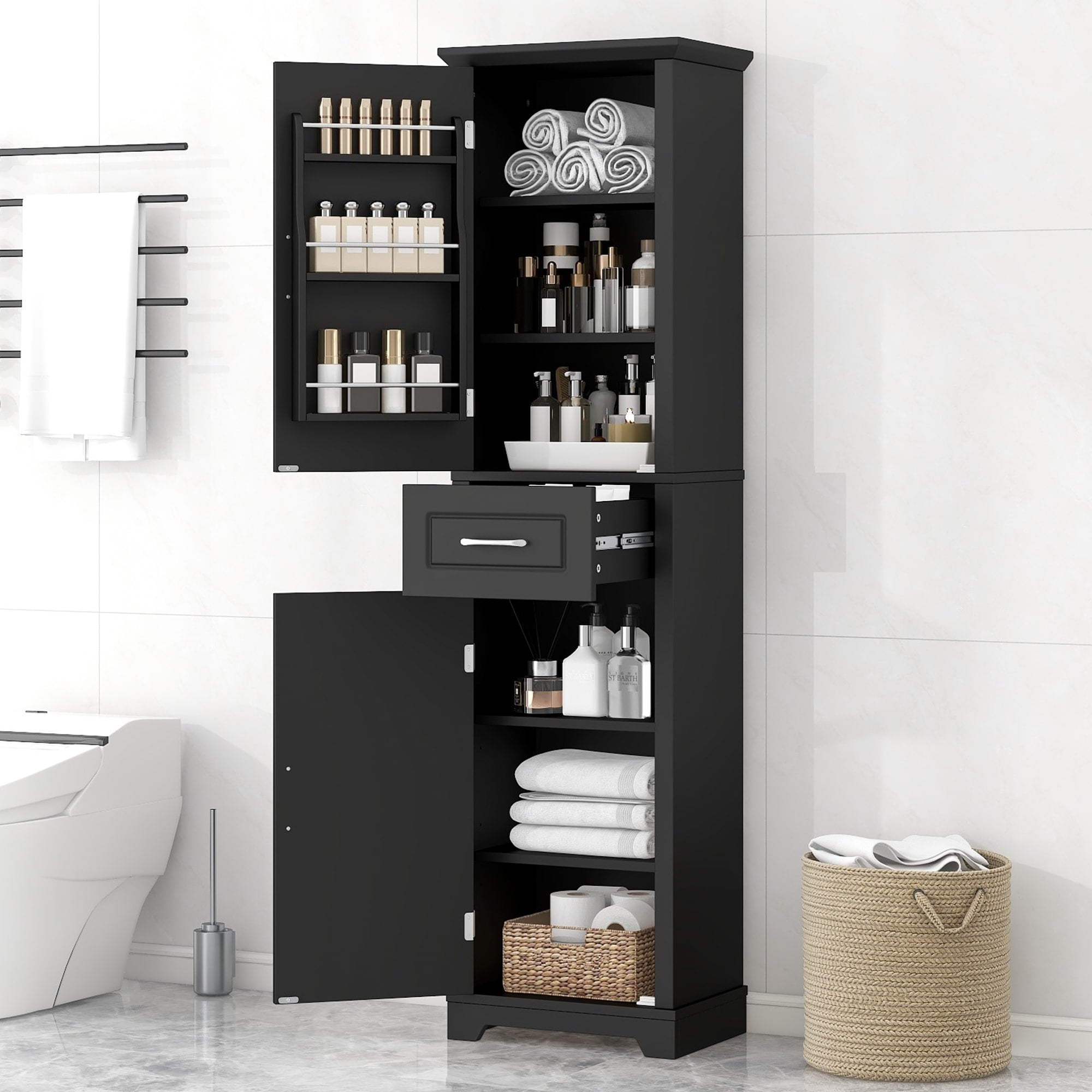 Roomfitters 63 Tall Bathroom Storage Cabinet Freestanding Linen Tower With Door Mounted Shelves And Drawer Black