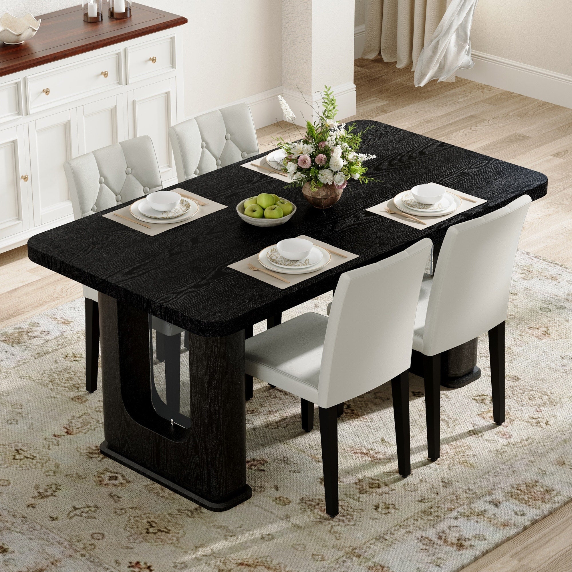 Roomfitters 64.5 Inch Black Wood Textured Dining Table 4 White Pu Chairs Gray Glass Inlay U Shaped Leg Kitchen Set