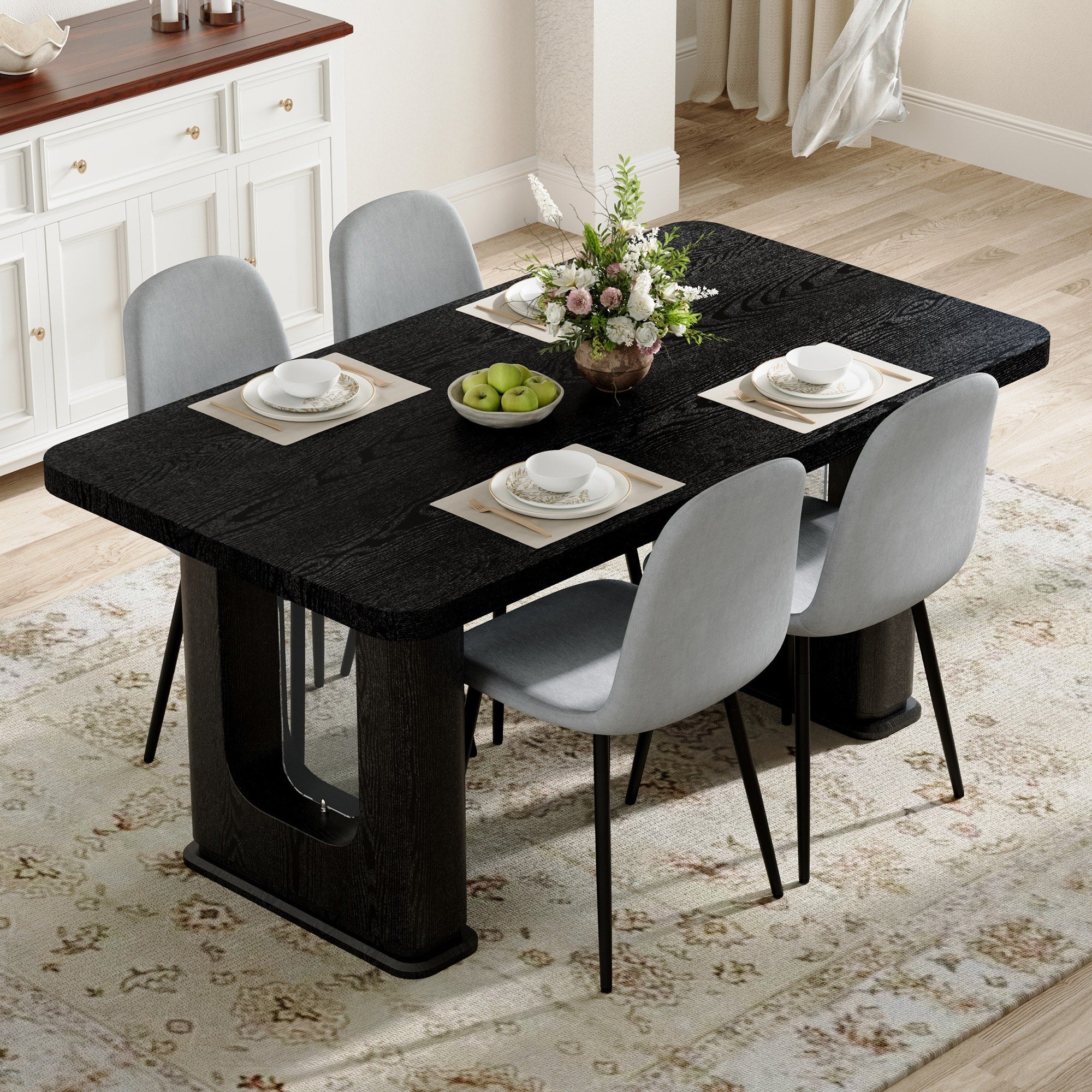 Roomfitters 64.5 Inch Black Wood Textured Dining Table Linen Chairs Gray Glass Inlay Kitchen Seating For 4