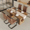 Roomfitters 64.5 Inch Wood Textured Dining Table 4 Brown Tech Fabric Chairs Glass Inlay U Shaped Leg Kitchen Set