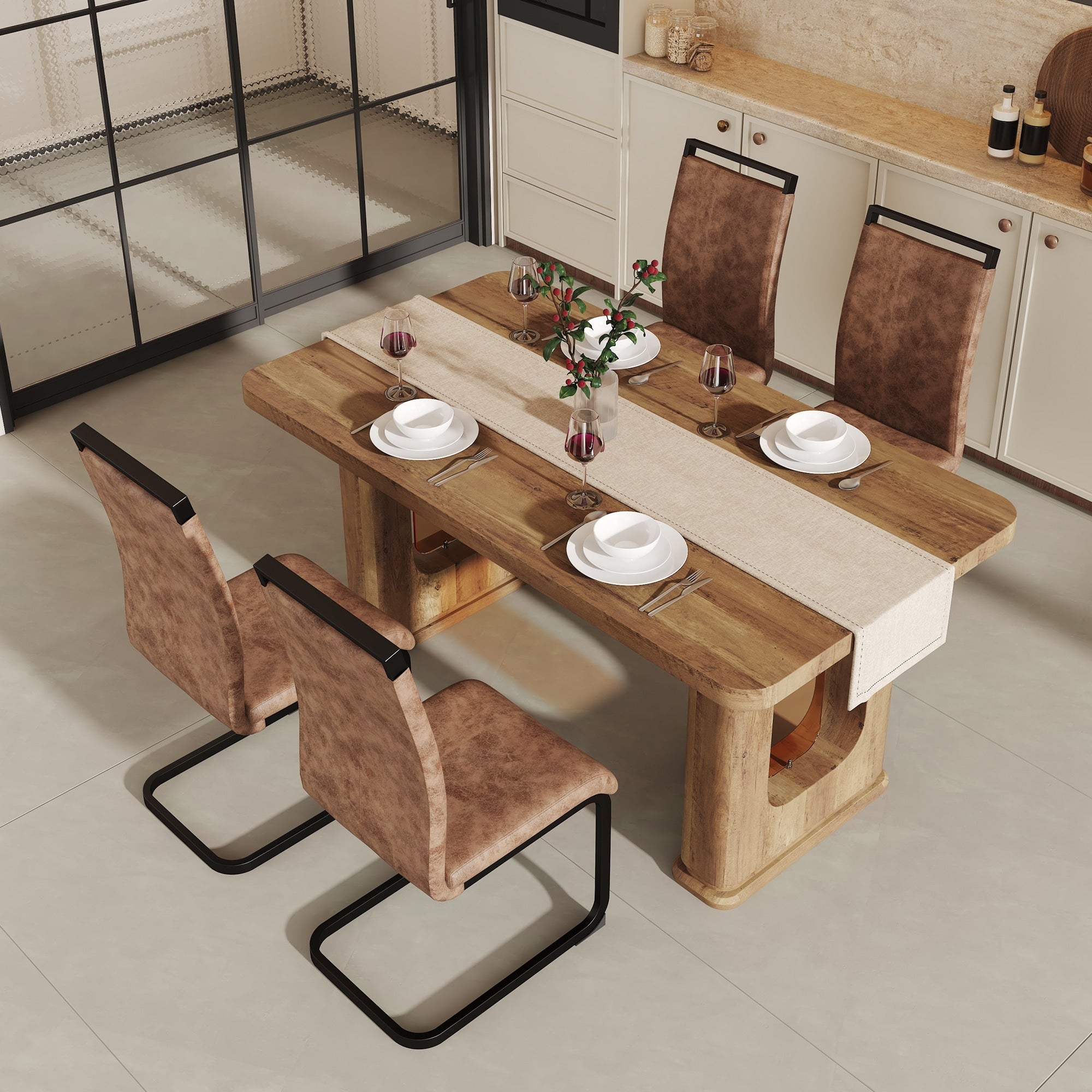 Roomfitters 64.5 Inch Wood Textured Dining Table 4 Brown Tech Fabric Chairs Glass Inlay U Shaped Leg Kitchen Set