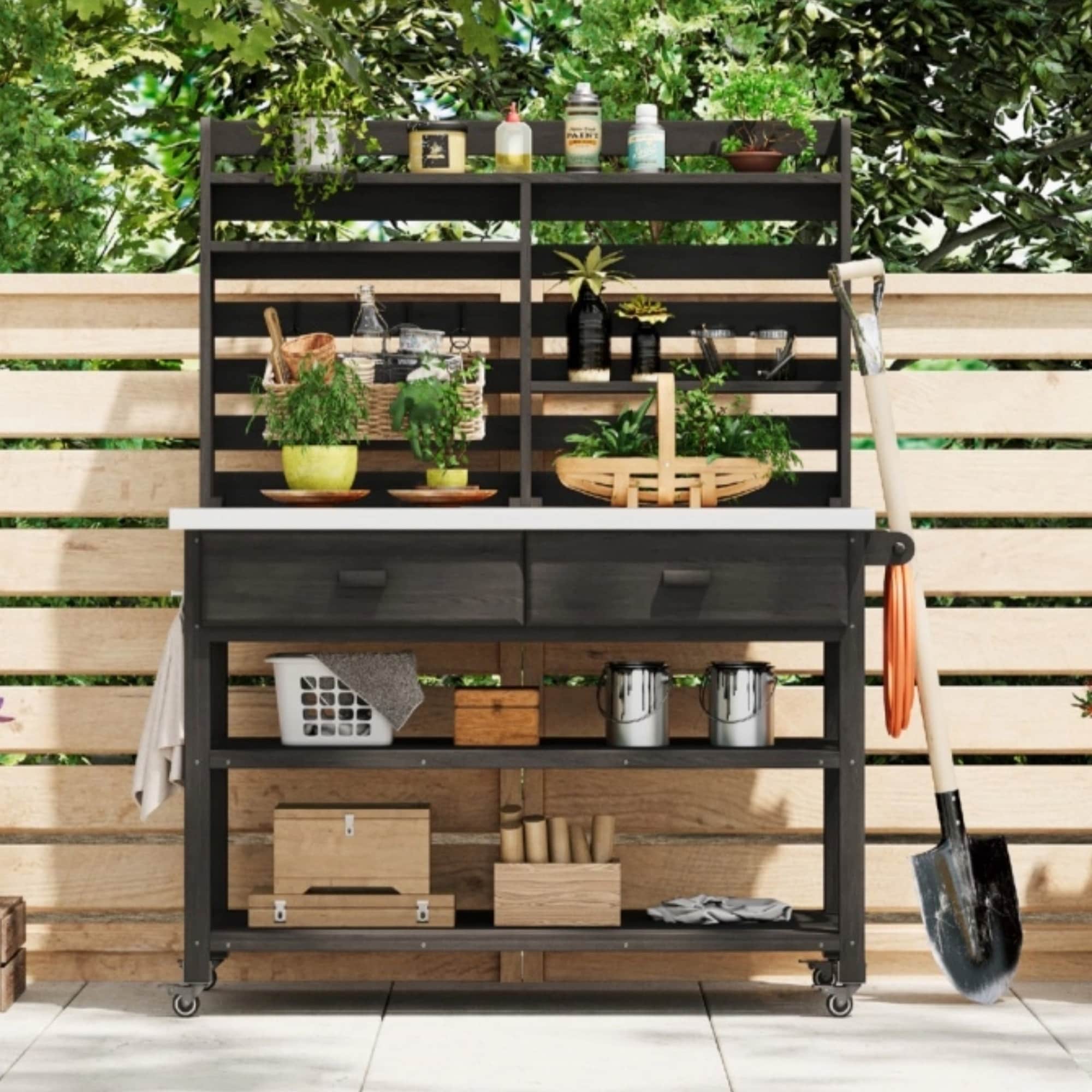 Roomfitters 64.9 Outdoor Potting Bench Kitchen Island With Stainless Steel Top Propane Rack Lockable Wheels Black