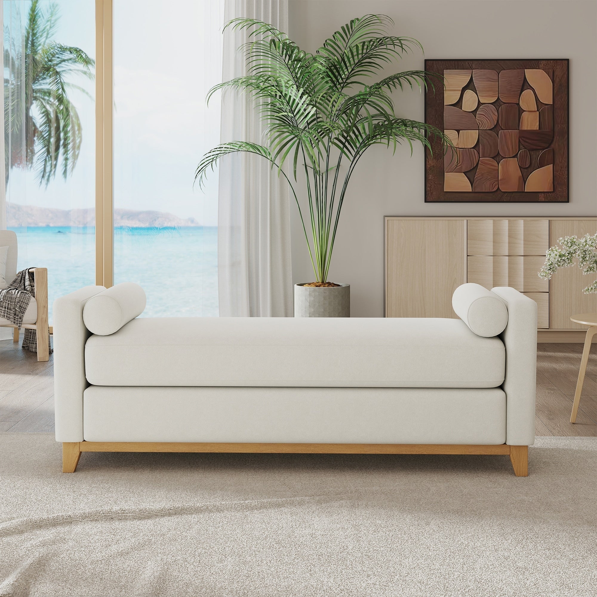 Roomfitters 66 Inch Sherpa Upholstered Bedroom Bench Mid Century Modern End Of Bed Ottoman With Bolster Pillows
