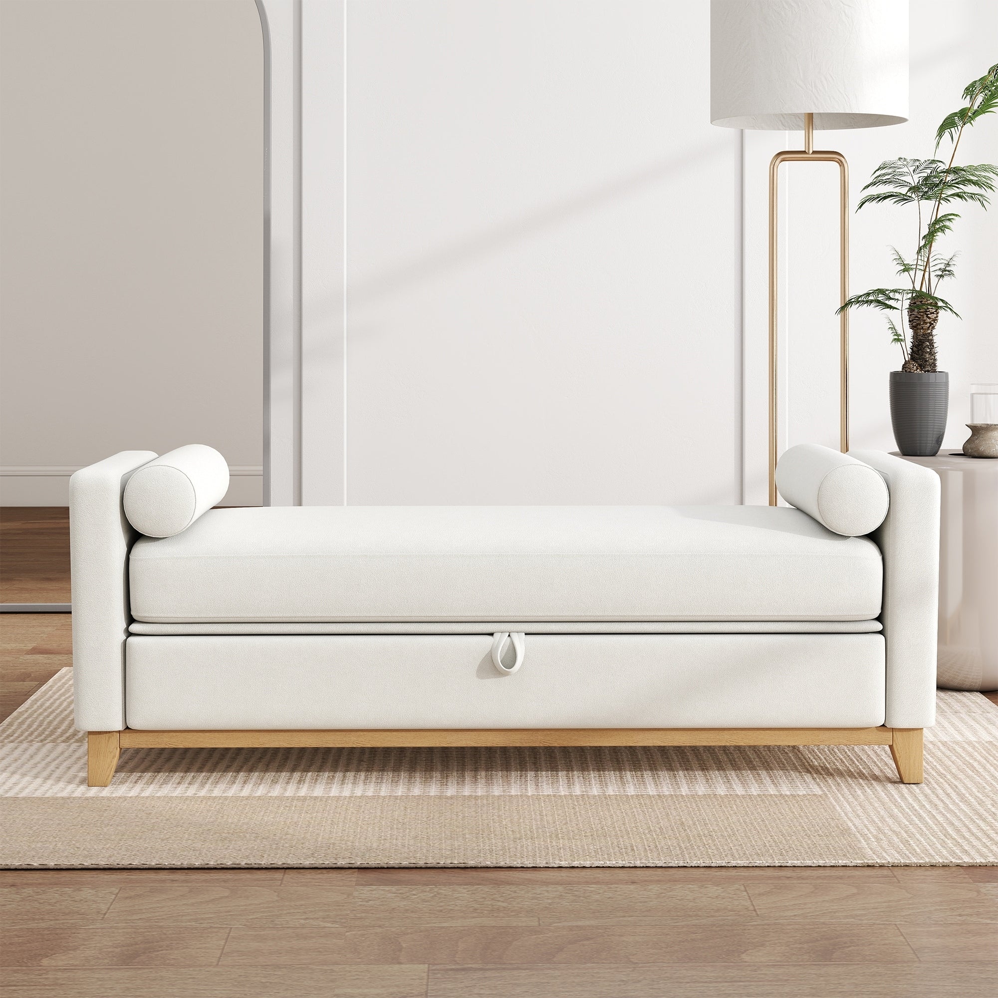 Roomfitters 66 Inch Sherpa Upholstered Storage Bench Modern End Of Bed Ottoman With Hidden Compartment Pillows