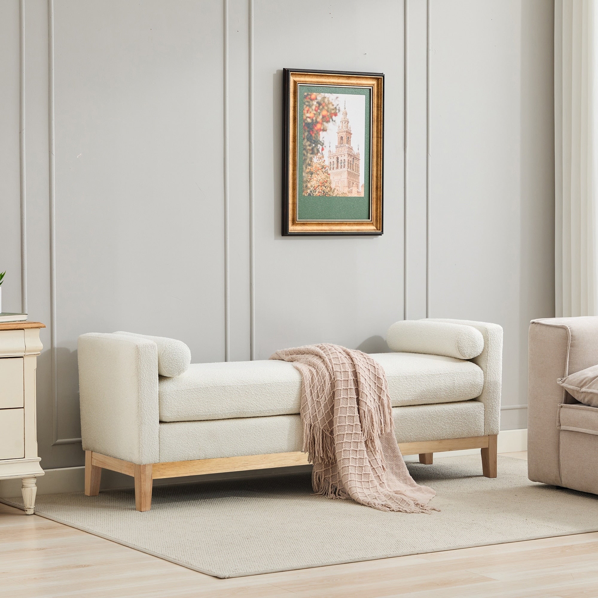 Roomfitters 66.34 Upholstered Bench With Arms And Bolster Pillows Modern Daybed Chaise For Living Room Bedroom