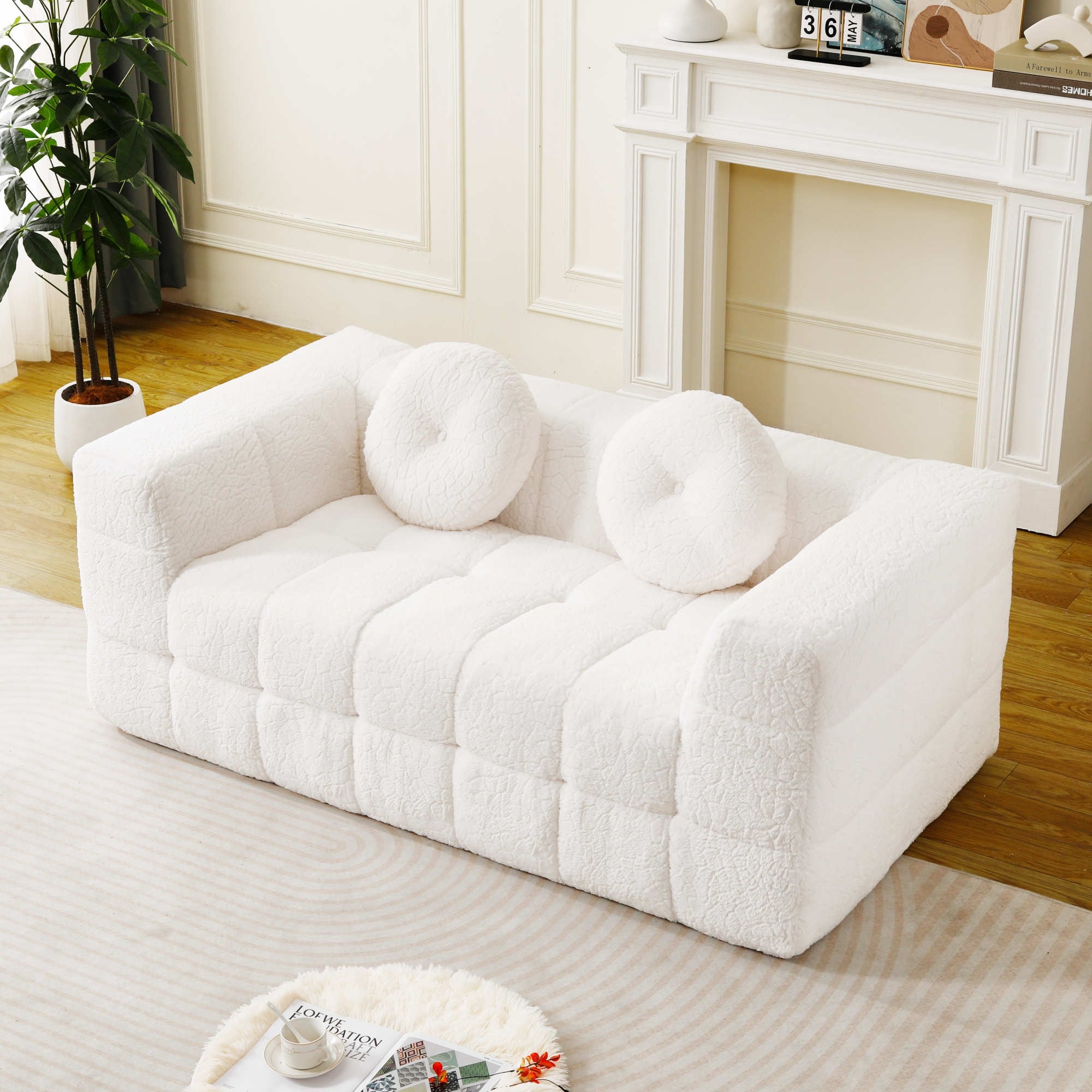 Roomfitters 66.5 Modern Boneless Couch All Foam Upholstered Sofa With 2 Accent Pillows For Living Room Beige