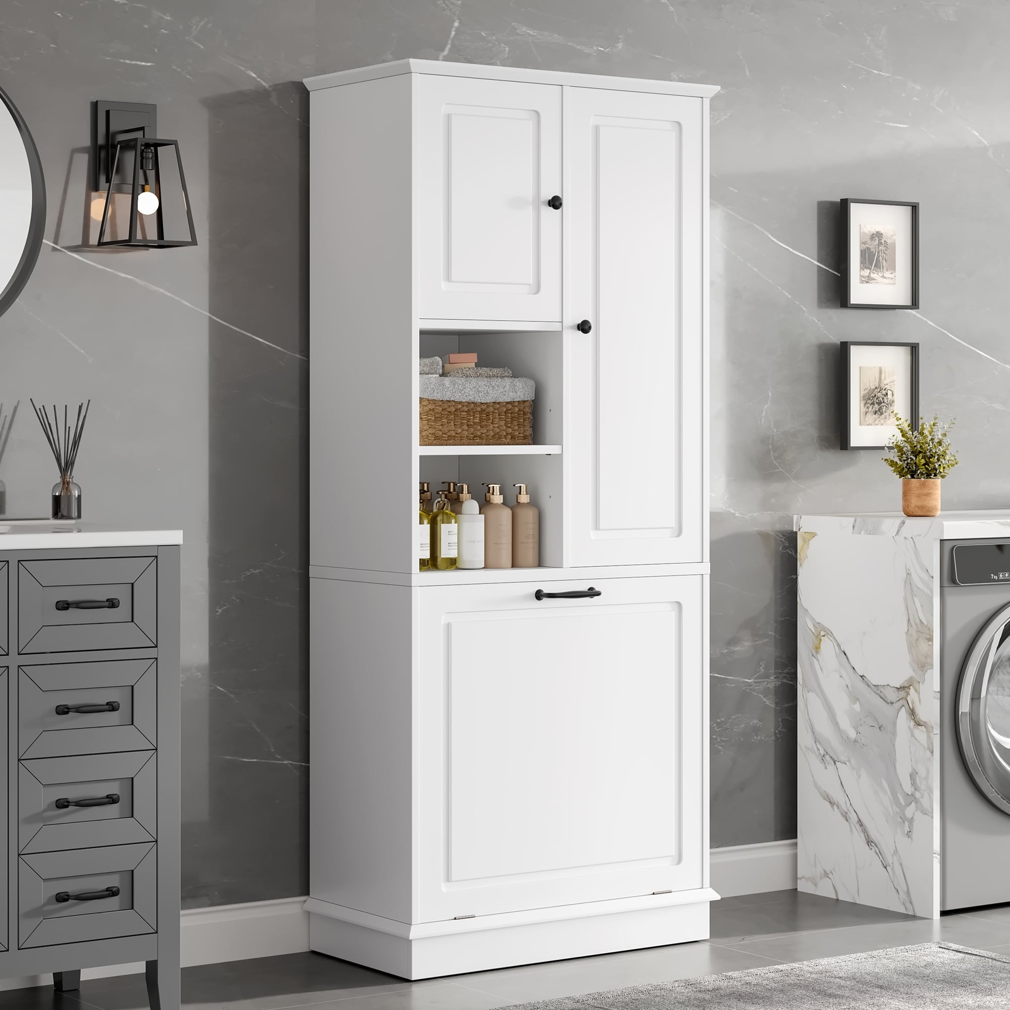 Roomfitters 67 Tall Storage Cabinet With Flip Out Basket Adjustable Shelves Mdf Linen Tower For Bathroom Office