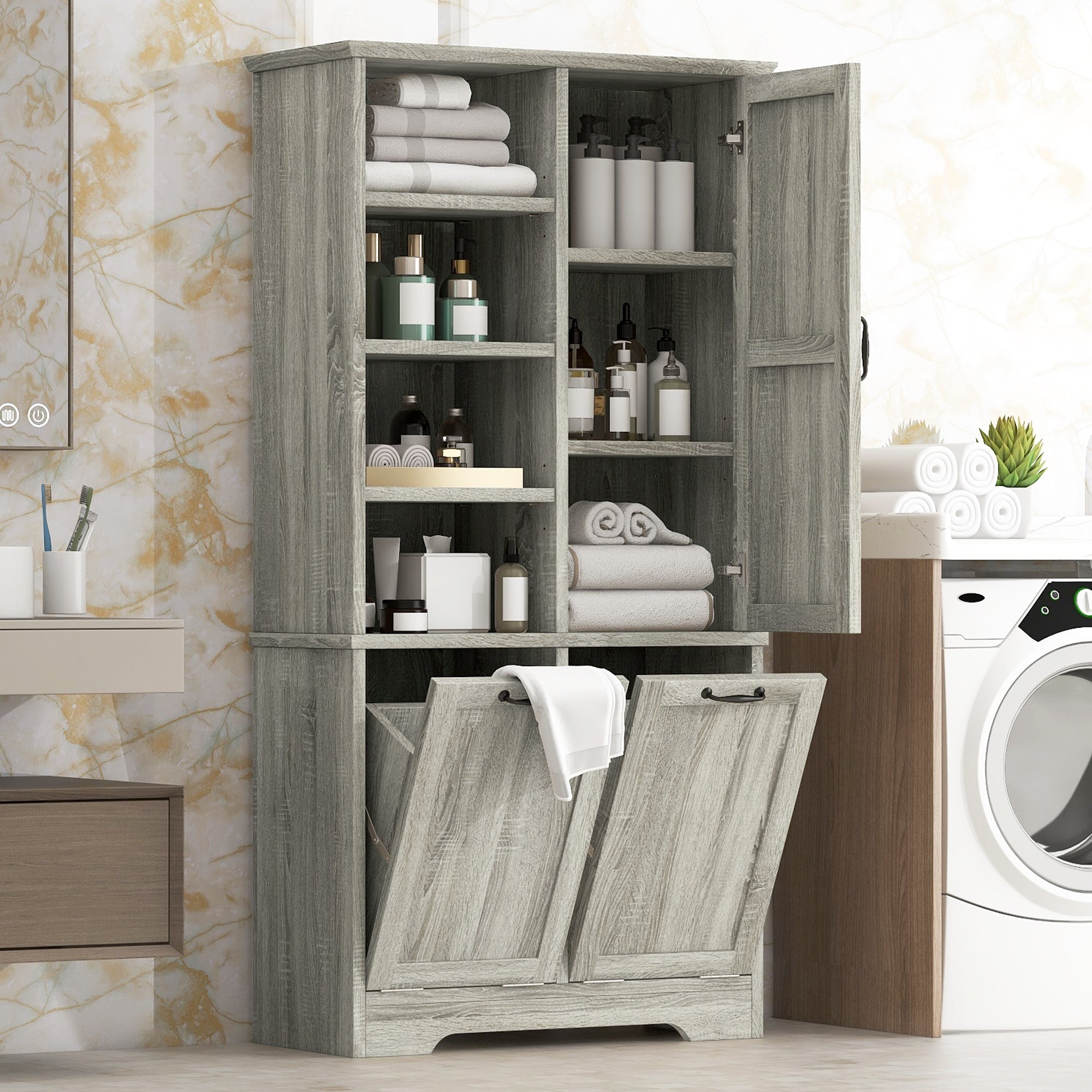 Roomfitters 68 Tall Bathroom Storage Cabinet With Dual Tilt Out Laundry Hampers