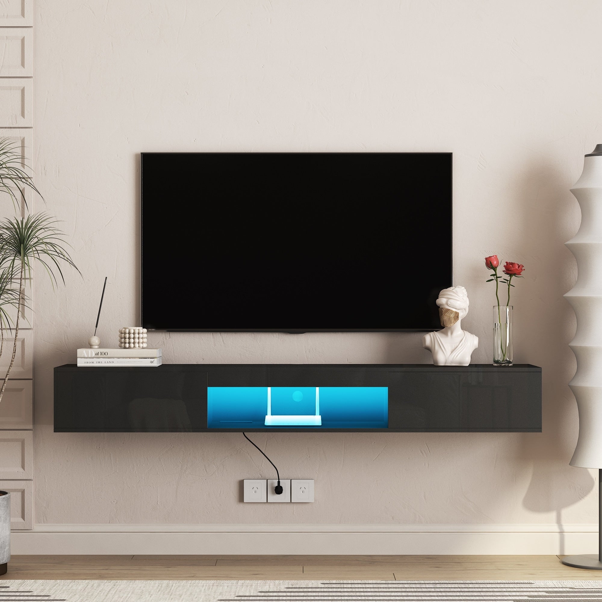 Roomfitters 69 Floating Tv Stand Wall Mounted With Smart App Leds Outlets Modern Entertainment Media Console Black