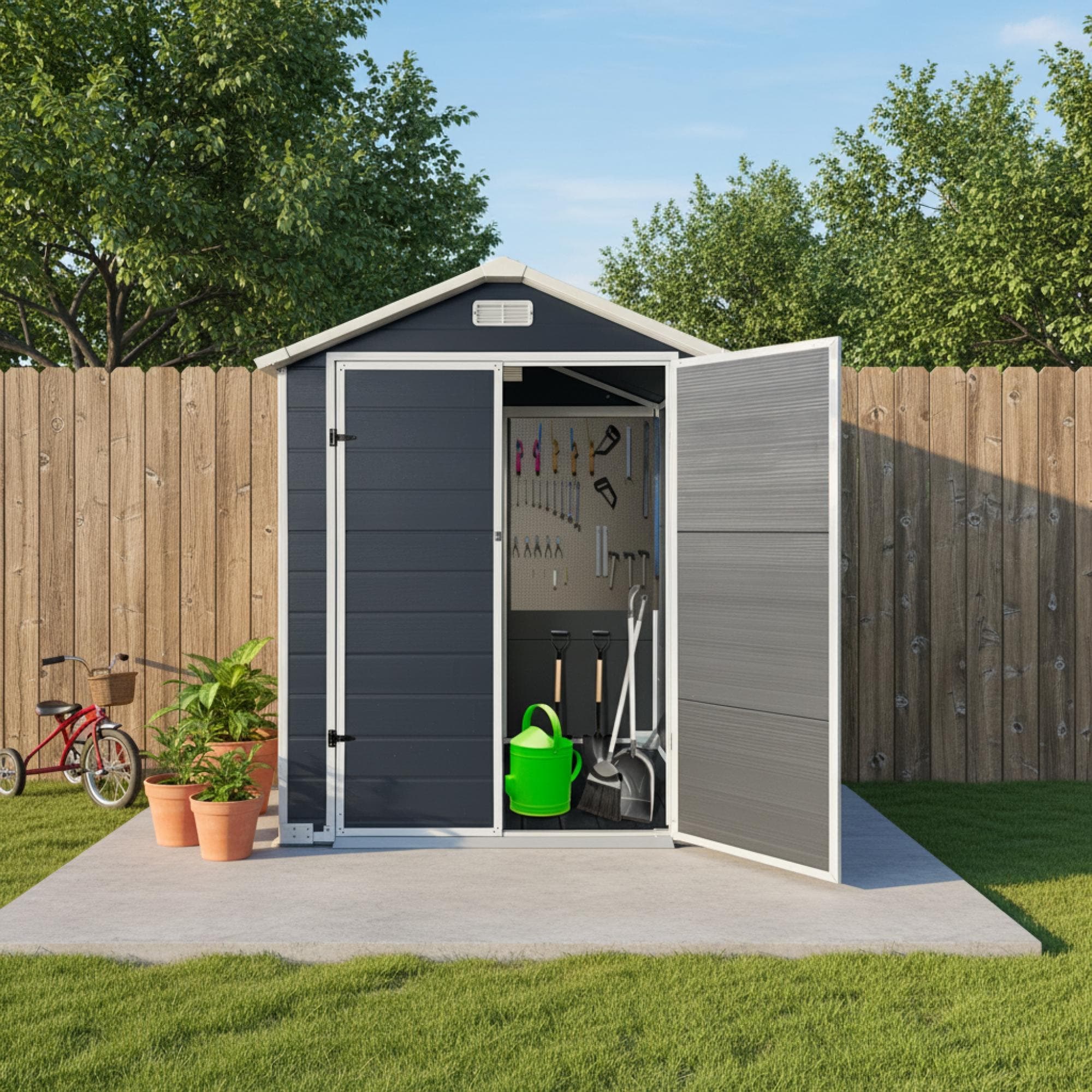 Roomfitters 6Ft X 4Ft Plastic Storage Shed Outdoor Backyard Resin Garden House Double Door Lockable Tool Box Vents Grey