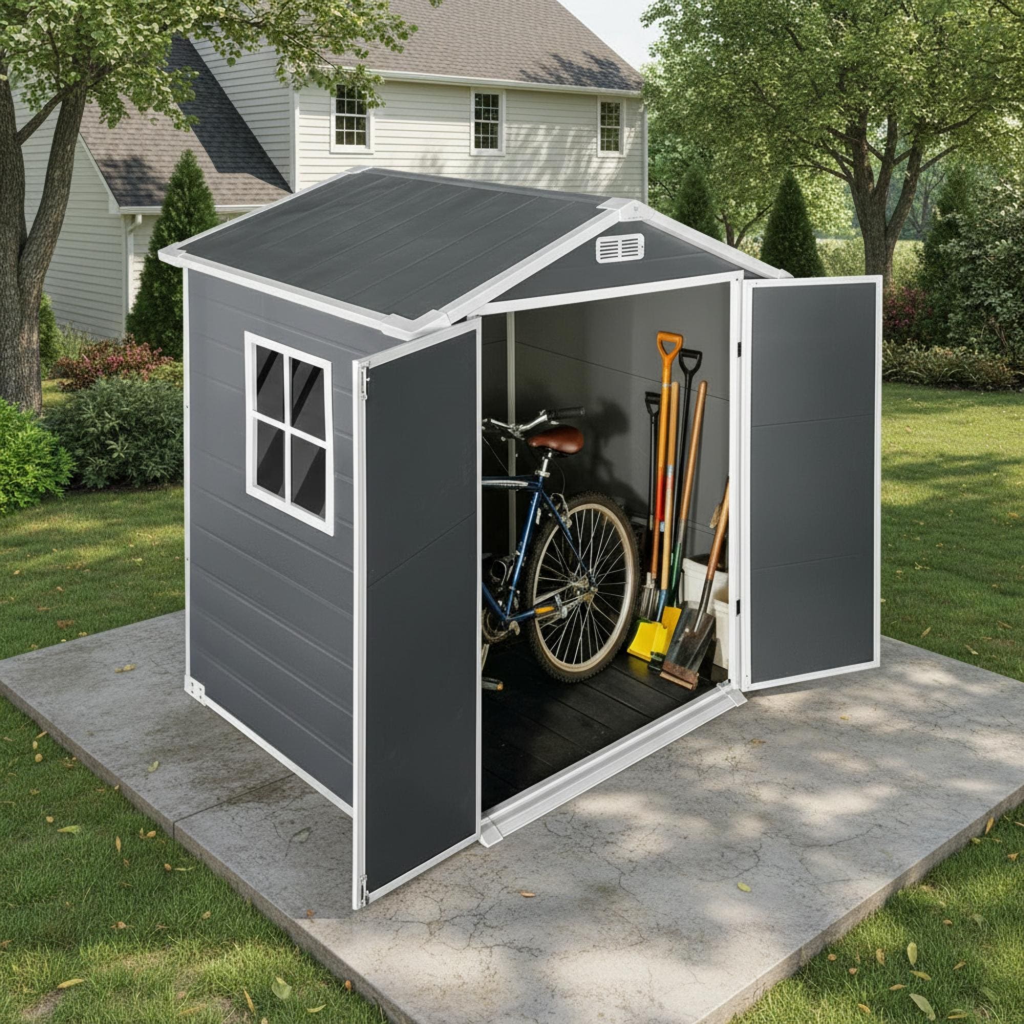 Roomfitters 6X4 Ft Metal Storage Shed Outdoor Backyard Garden House Double Door Lockable Tool Storage Box Vents Grey
