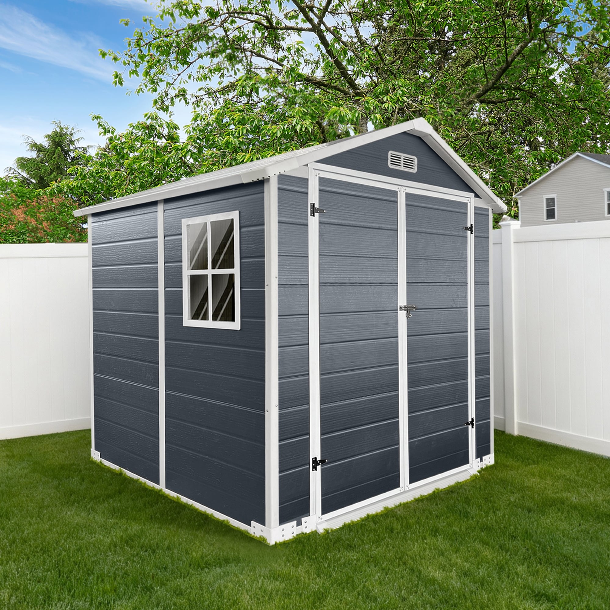 Roomfitters 6X6Ft Plastic Storage Shed Outdoor Backyard Resin Garden House Double Door Lockable Tool Box Vents Grey