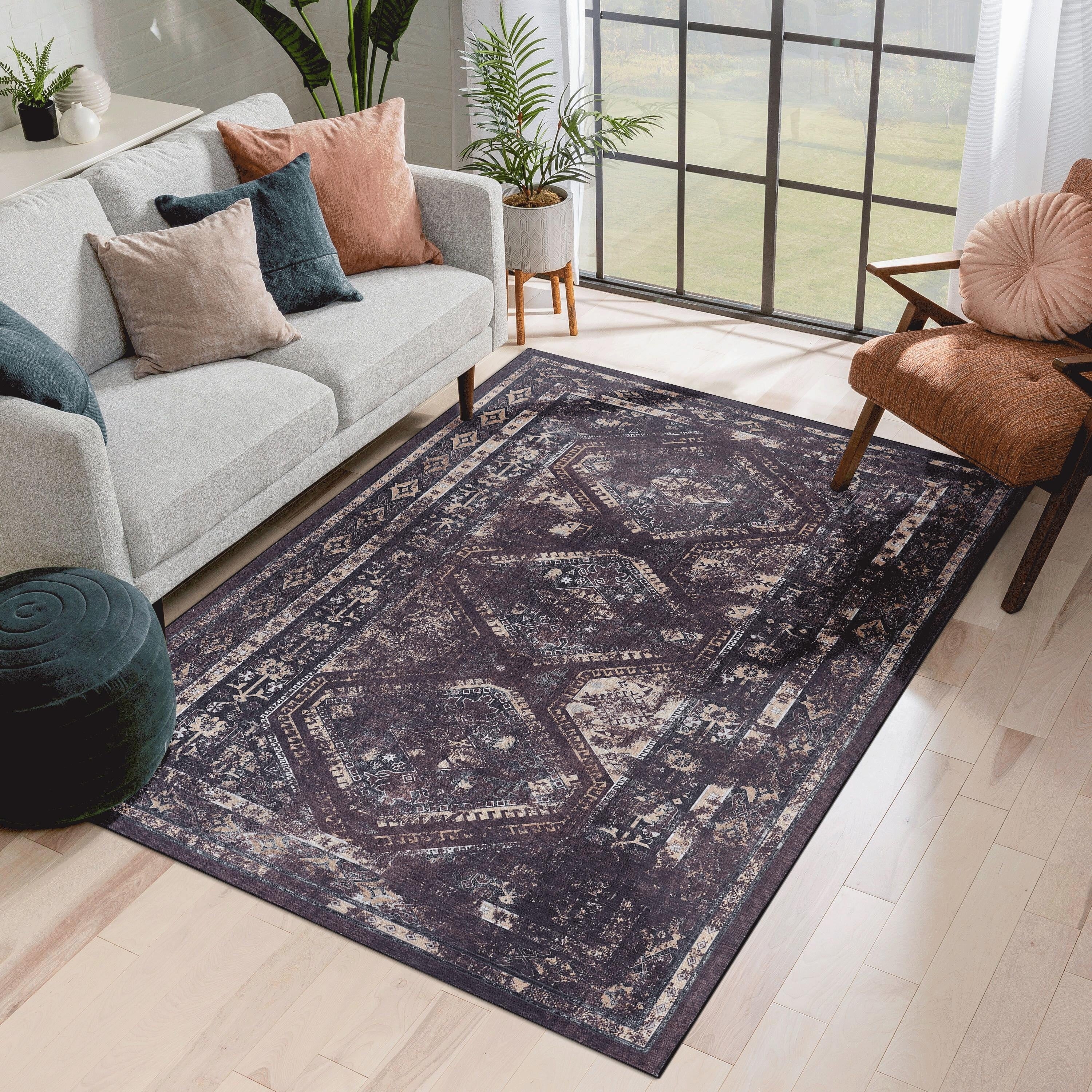Roomfitters 6X9 Machine Washable Boho Vintage Area Rug Non Slip Pet Friendly Indoor Living Room Decor Carpet Black
