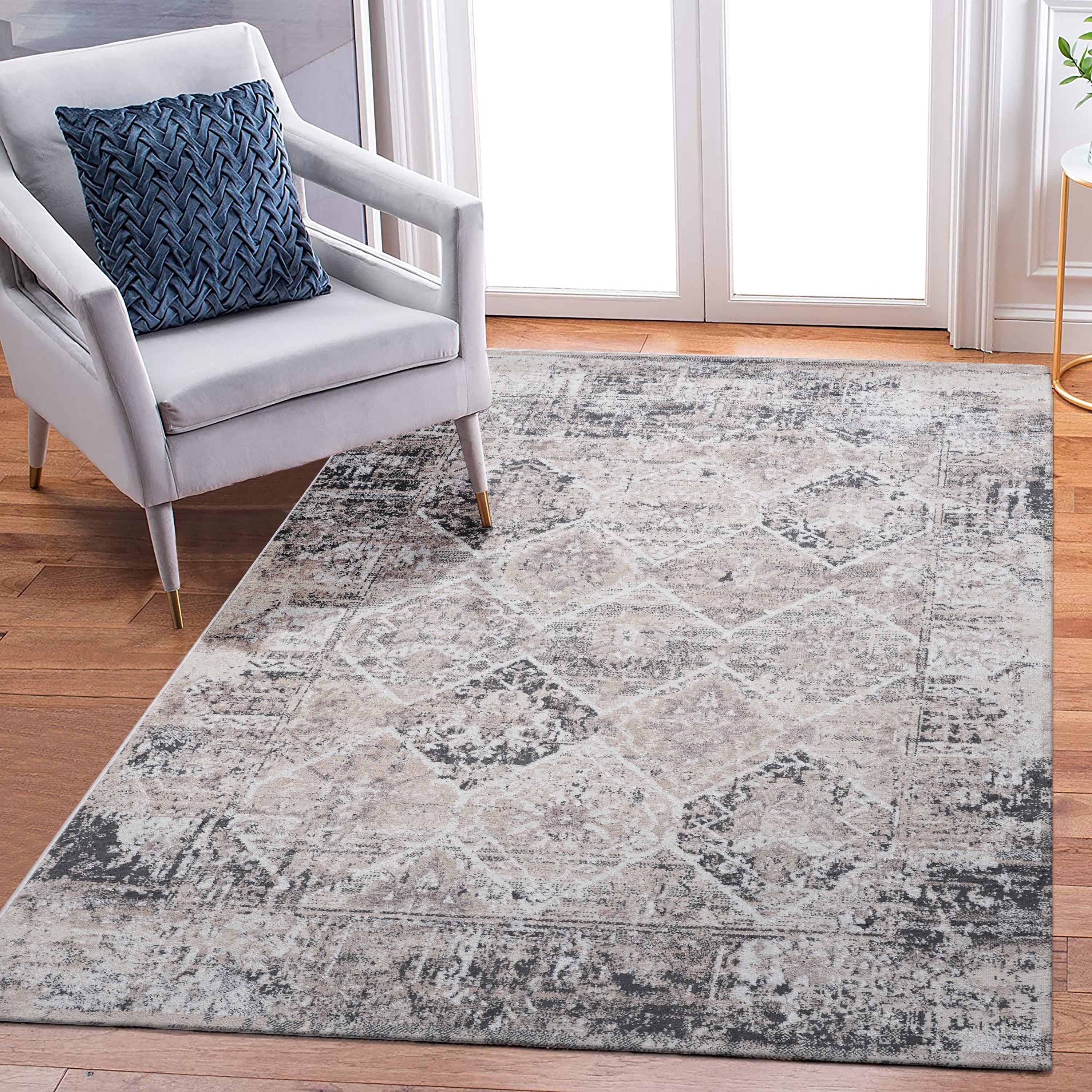 Roomfitters 6X9 Machine Washable Boho Vintage Area Rug Non Slip Pet Friendly Indoor Living Room Decor Carpet Cream 6 X 9