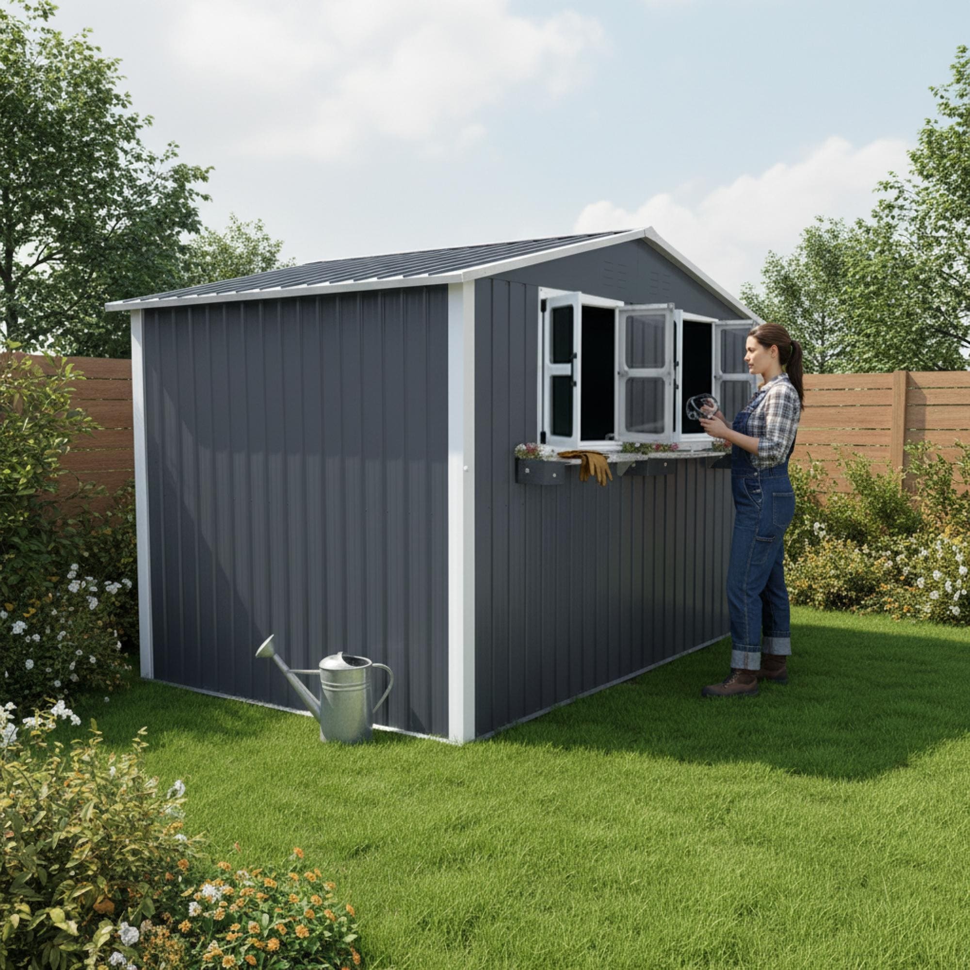 Roomfitters 6X9 Ft Metal Storage Shed Outdoor Backyard Garden House Planter Box Window Double Door Utility Shed
