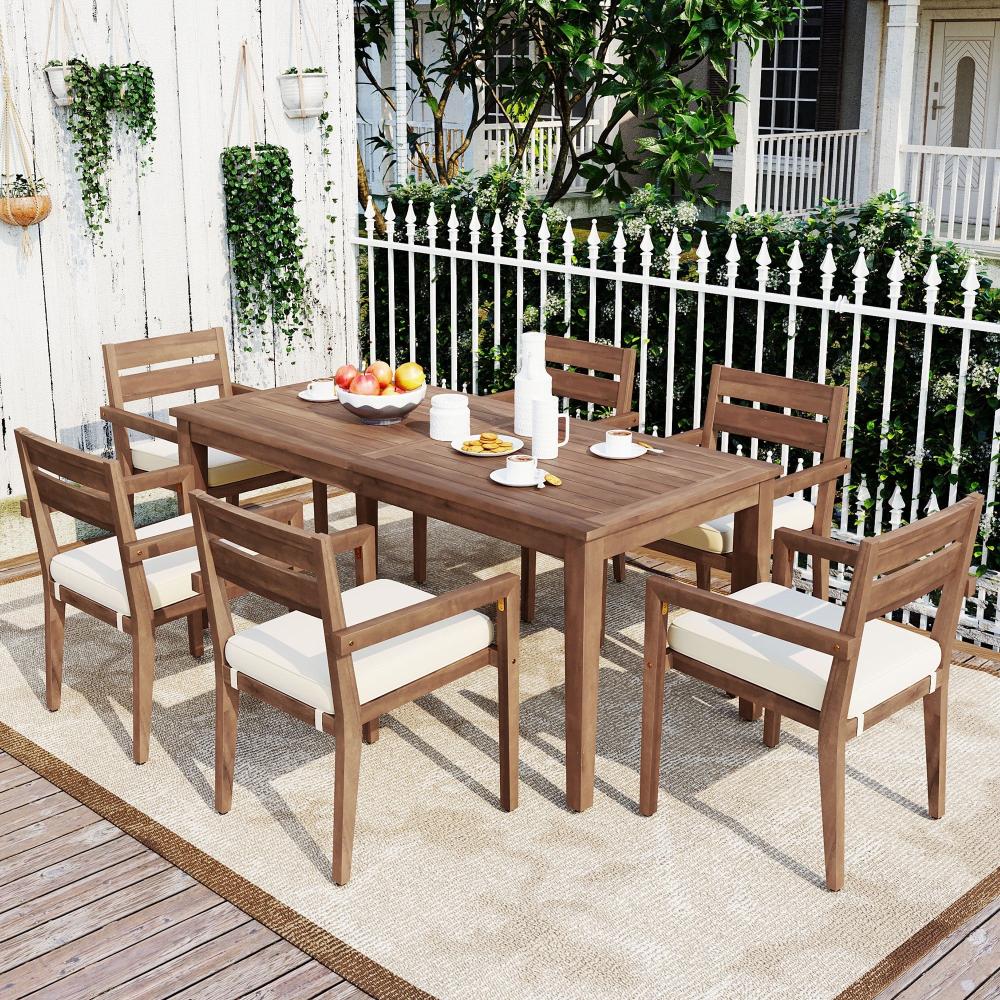 Roomfitters 7 Piece Acacia Wood Outdoor Dining Set With Cushions 6 Armchairs And Rectangular Table For Patio Garden