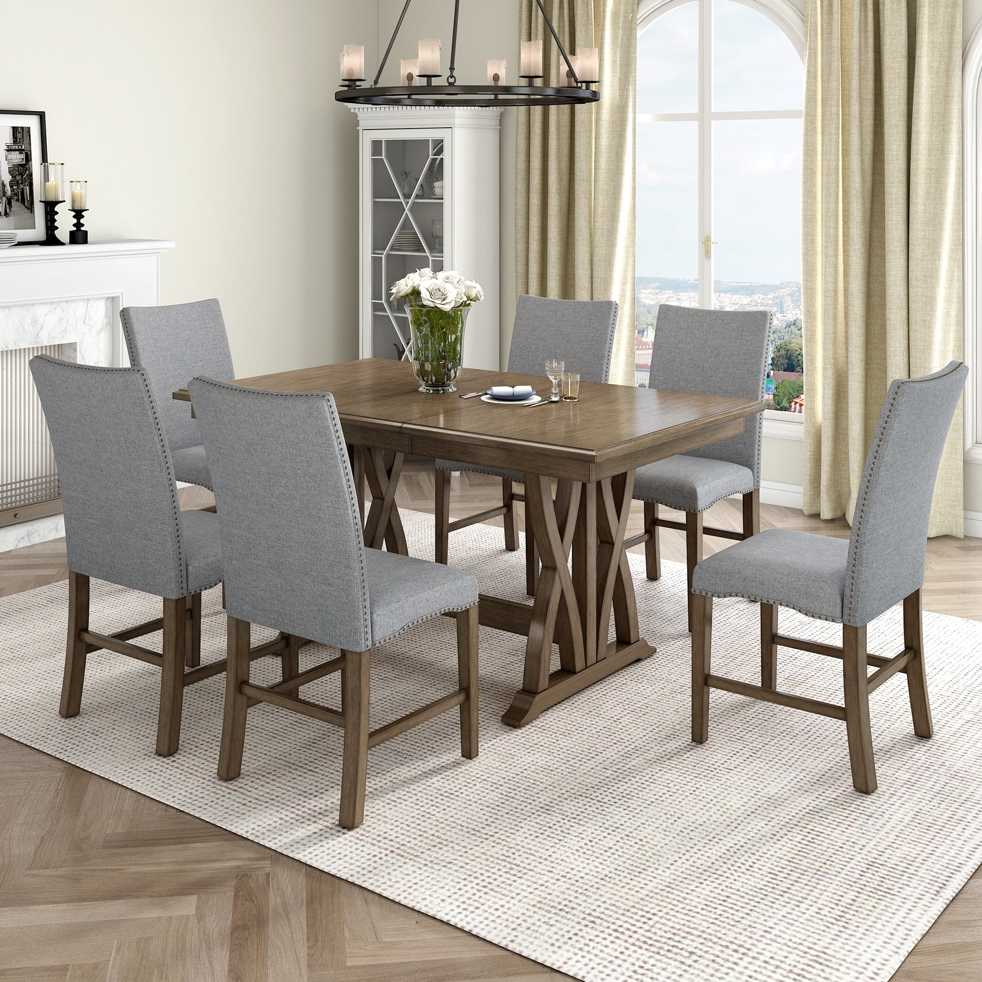 Roomfitters 7 Piece Extendable Dining Table Set Mid Century Solid Wood Kitchen Set With 12 Leaf And 6 Chairs Gray