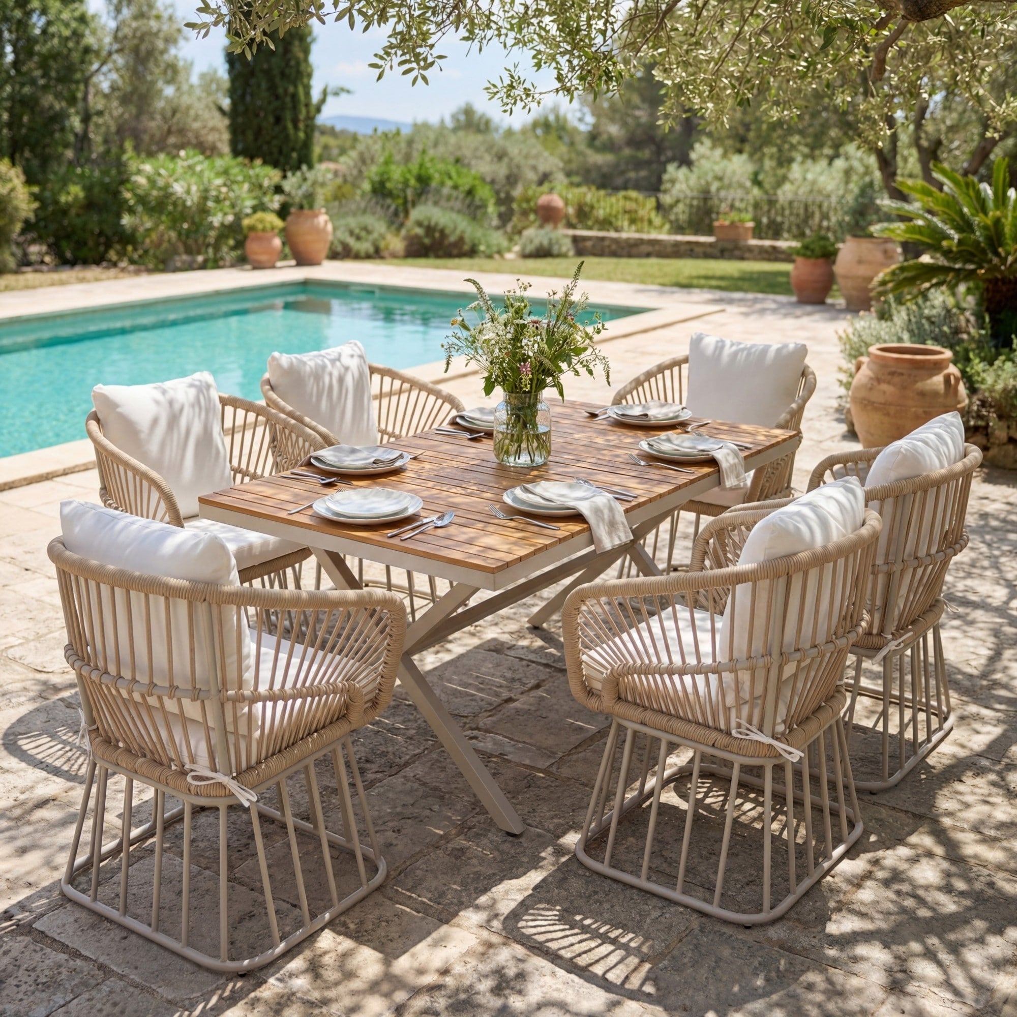 Roomfitters 7 Piece Outdoor Dining Set With Rectangular Slatted Wood Top Table And 6 Woven Rope Chairs Beige Teak