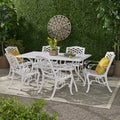 Roomfitters 7 Piece Outdoor Patio Dining Set With Rectangular Table And 6 Armchairs Cast Aluminum Lattice For Garden White