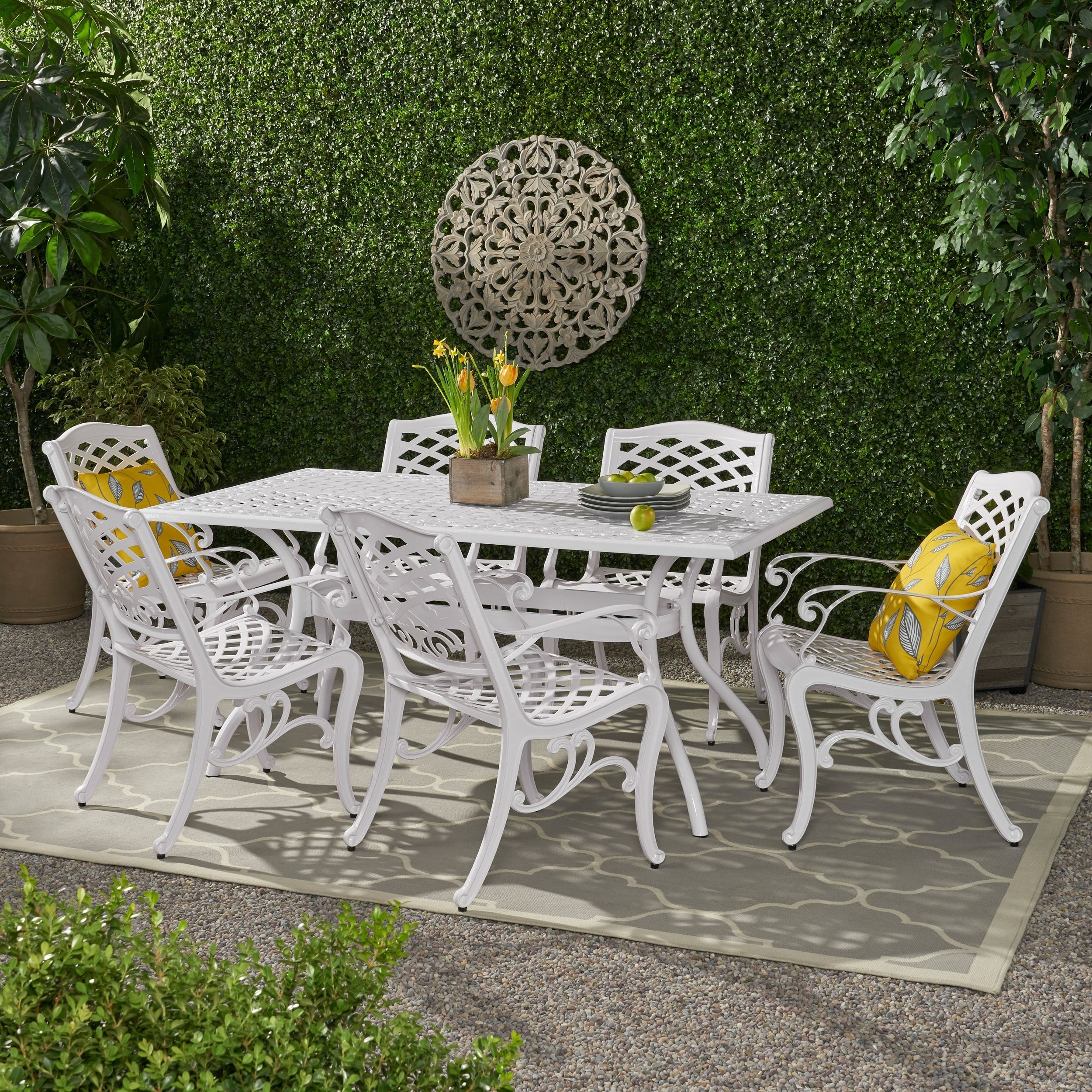 Roomfitters 7 Piece Outdoor Patio Dining Set With Rectangular Table And 6 Armchairs Cast Aluminum Lattice For Garden White