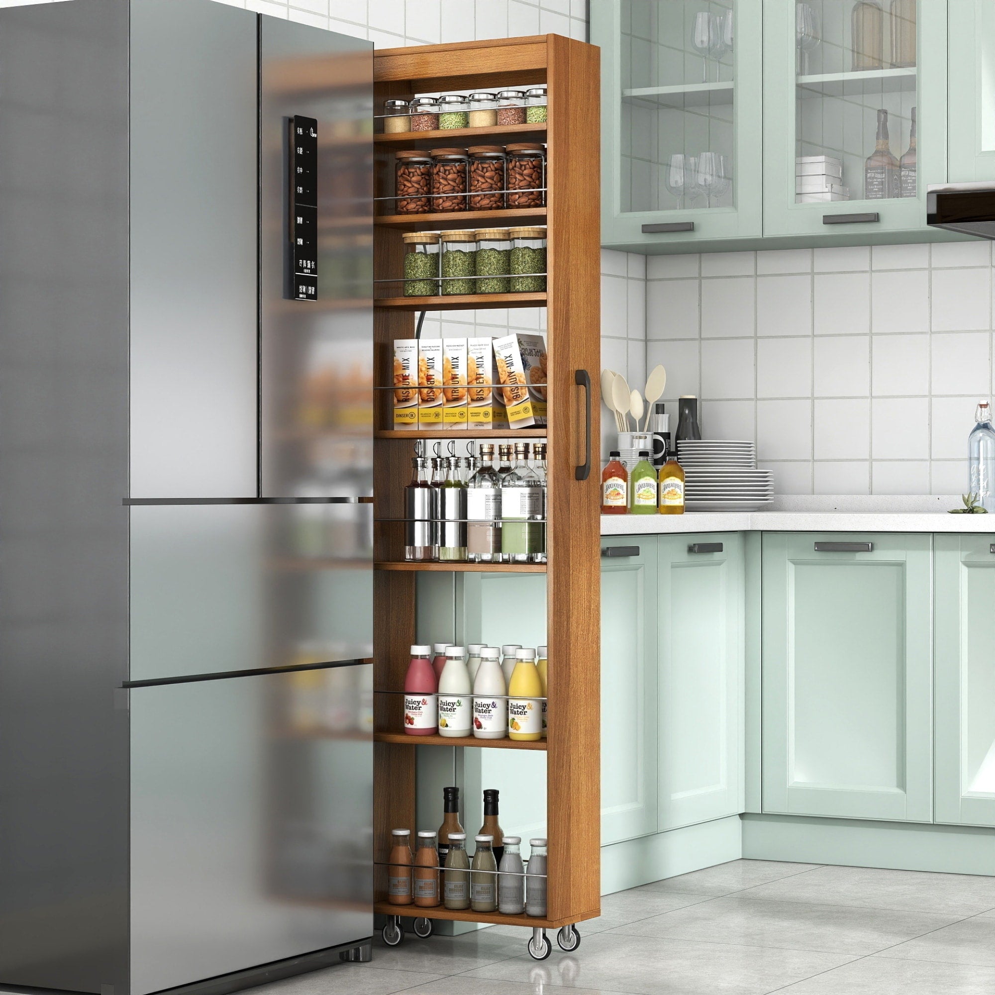 Roomfitters 7 Tier Pull Out Pantry Cabinet Slim Side Storage Tower Mobile Kitchen Cart Rolling Gap Organizer