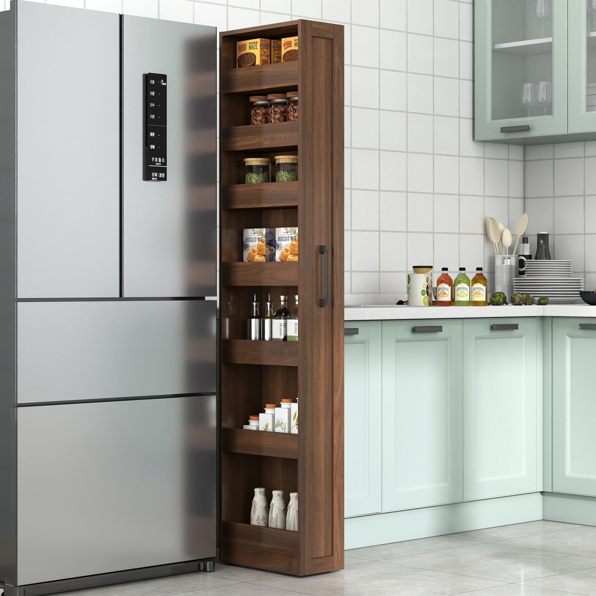 Roomfitters 7 Tier Pull Out Pantry Cabinet Slim Side Storage Tower Mobile Kitchen Cart Rolling Gap Organizer Walnut
