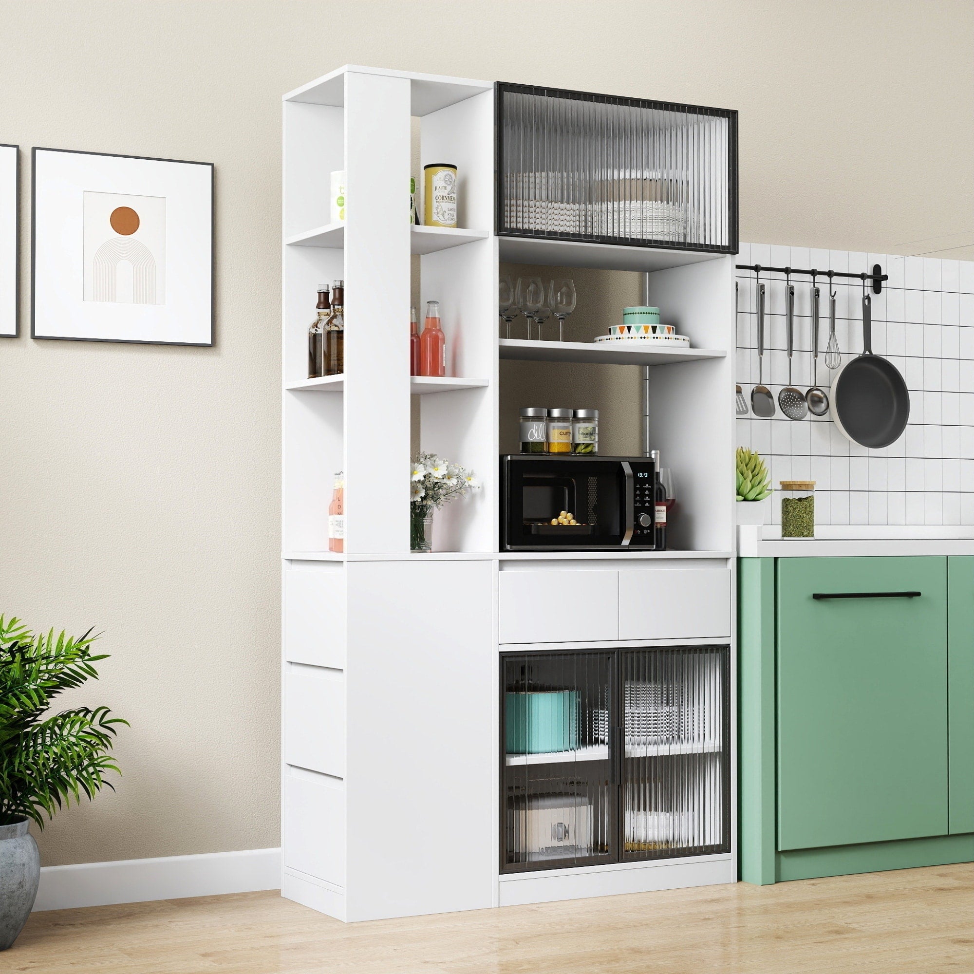 Roomfitters 70.87 Kitchen Pantry Storage Cabinet Tall Bakers Rack With Side Drawers Fluted Glass Door Microwave Hutch White