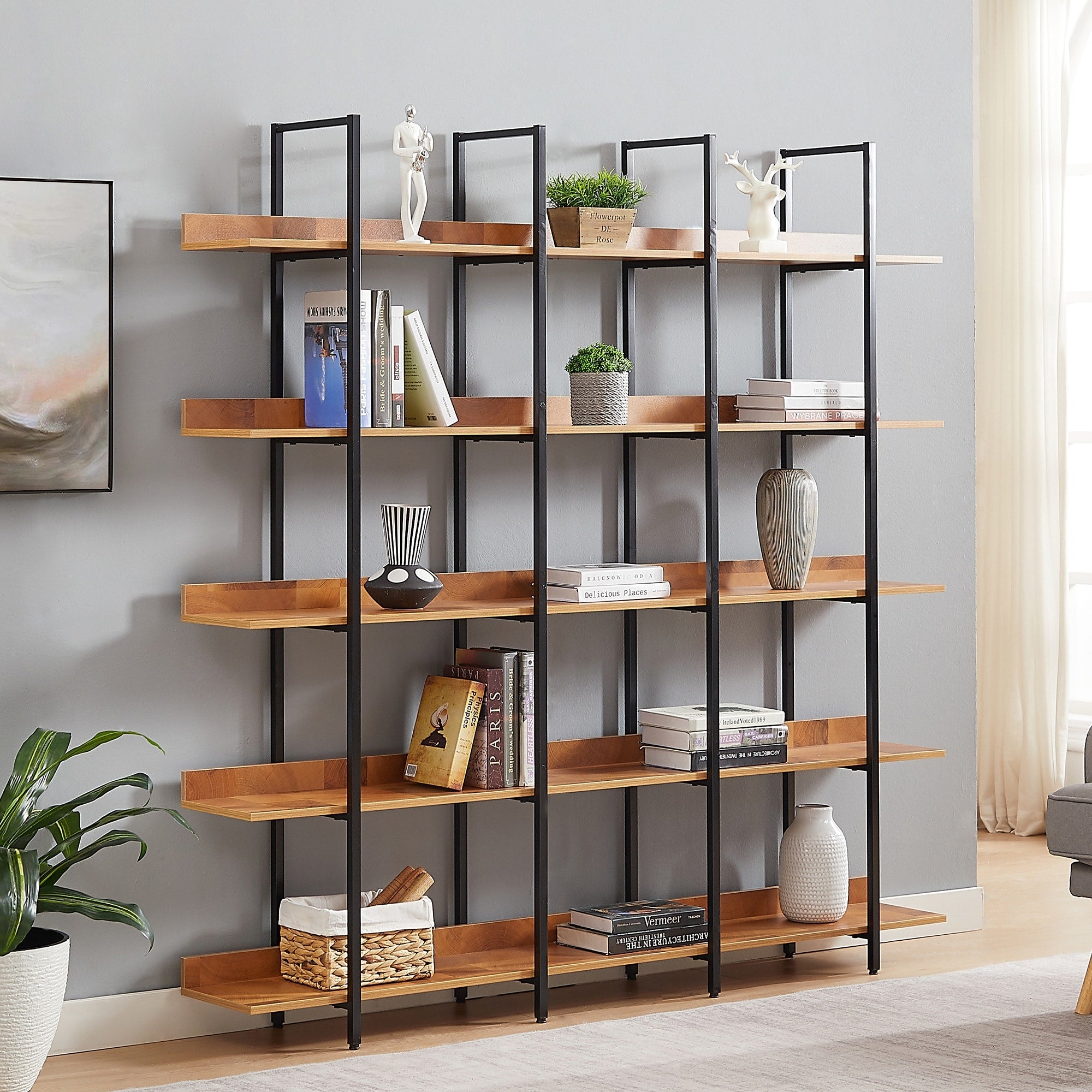 Roomfitters 70 Wide 5 Tier Bookcase Large Industrial Bookshelf With Open Shelving And Metal Frame