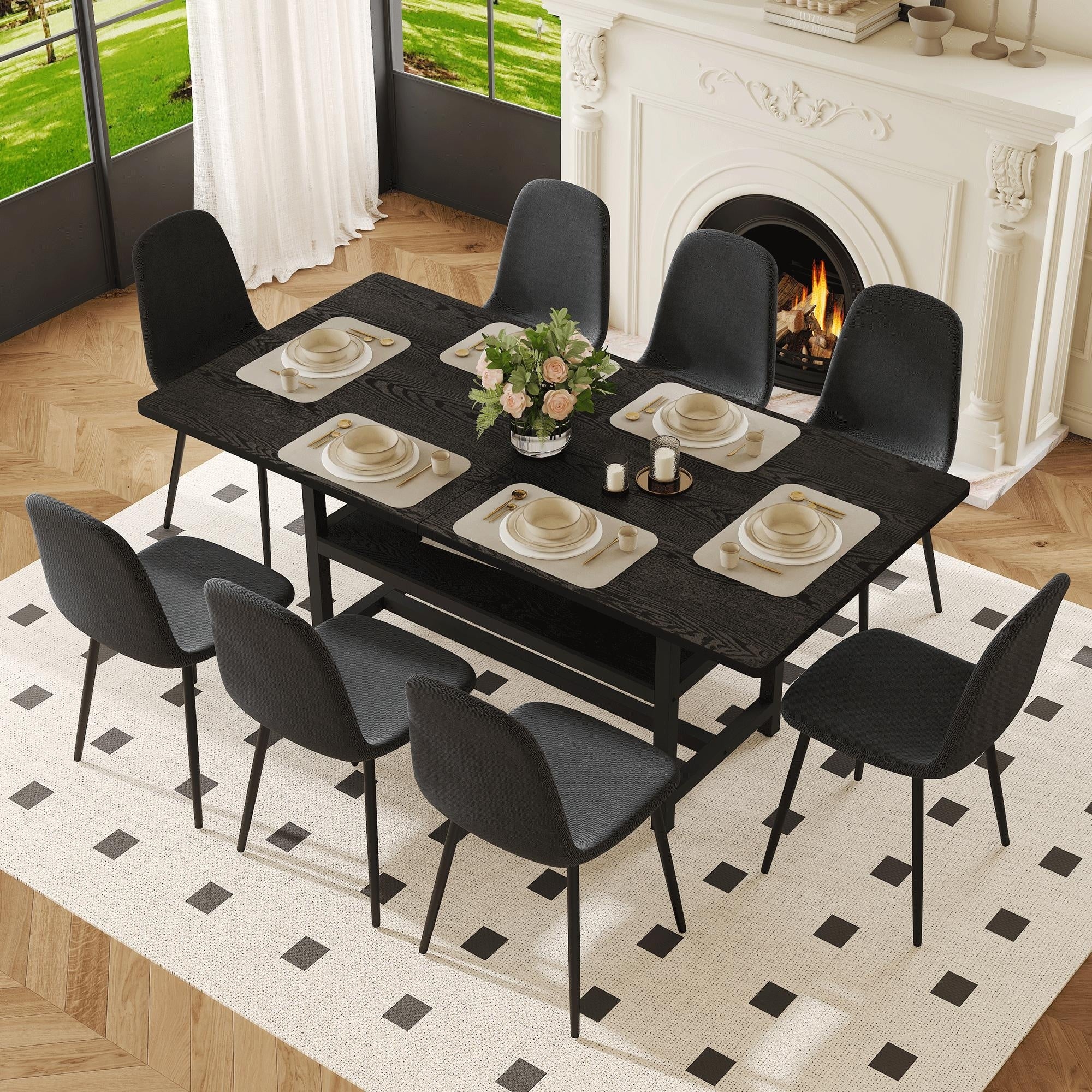 Roomfitters 71 Inch Black Grain Spliced Dining Table Linen Chairs Double Layer Storage Kitchen Seating For 8