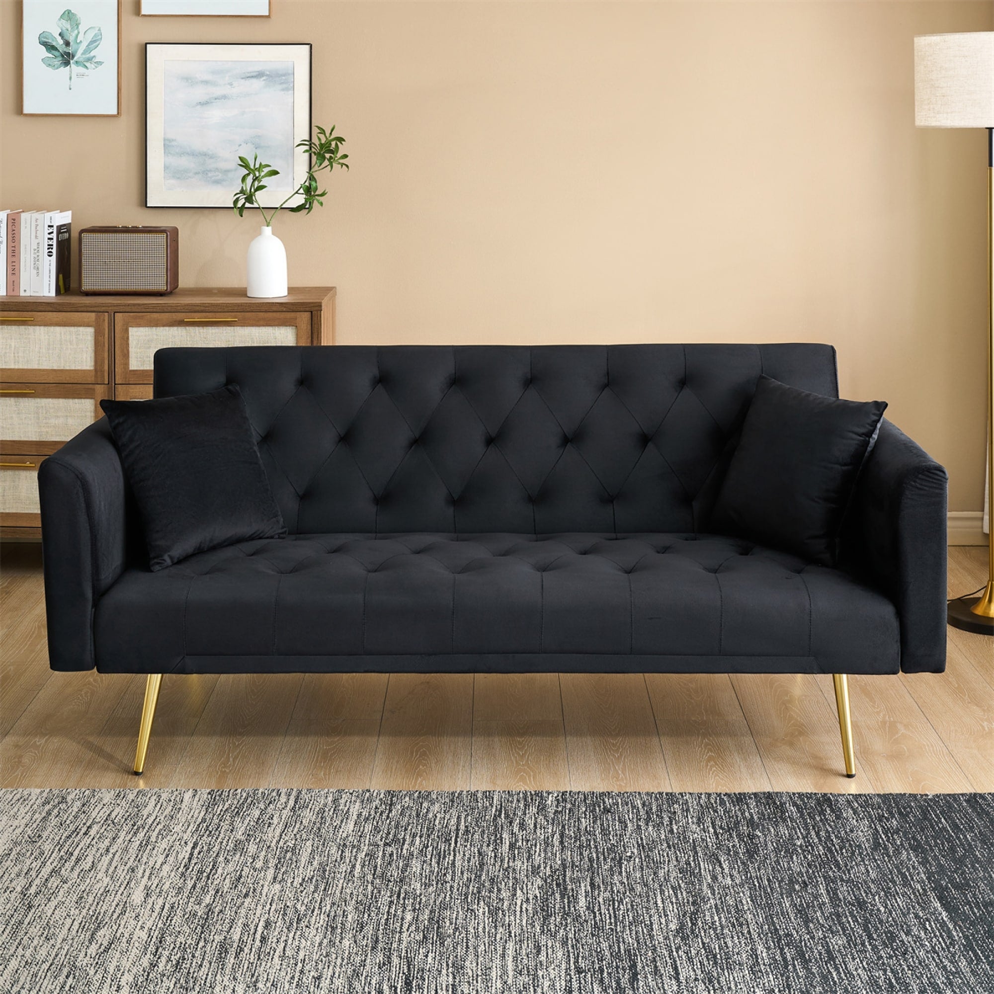 Roomfitters 71 Inch Black Velvet Convertible Futon Sofa Bed Retro Loveseat Sleeper Couch With Gold Legs For Small Spaces