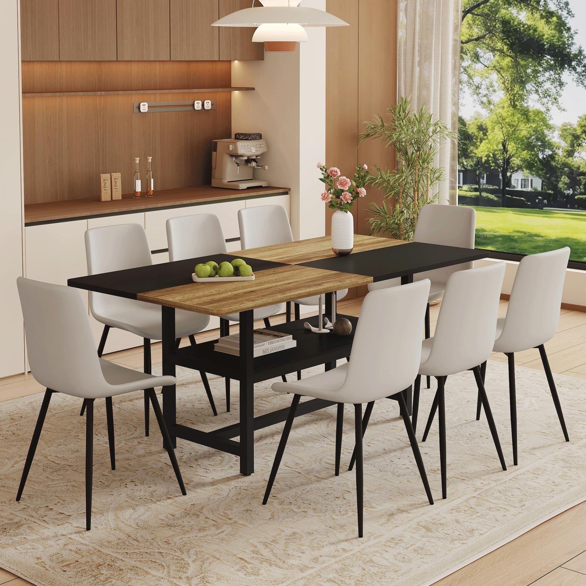 Roomfitters 71 Inch Brown Black Spliced Dining Table Pu Chairs Double Layer Storage Kitchen Set