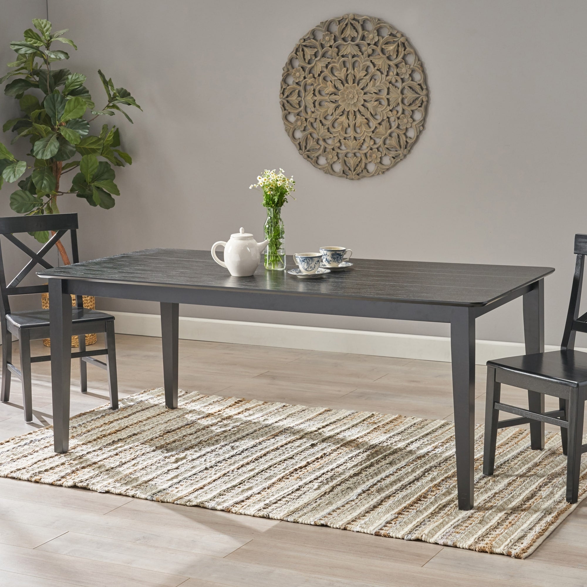 Roomfitters 71 Inch Farmhouse Black Dining Table Slatted Solid Wood And Mdf Kitchen Table Minimalist 6 Seater