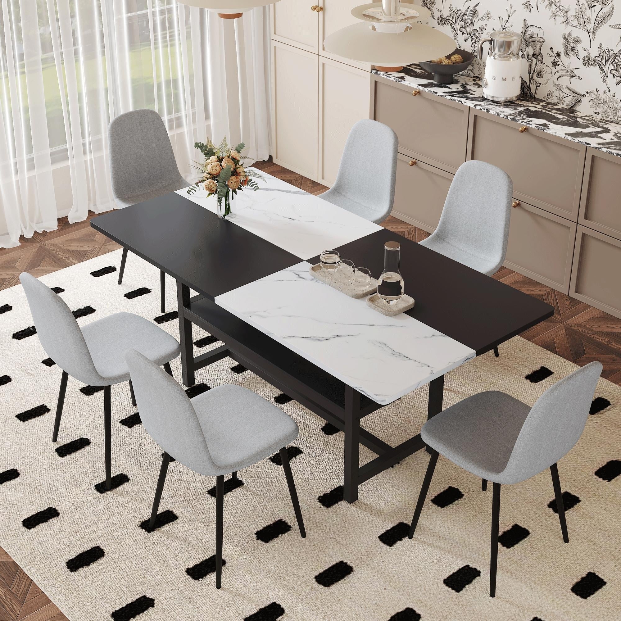 Roomfitters 71 Inch Modern Spliced Dining Table Linen Chairs Double Layer Storage Kitchen Set