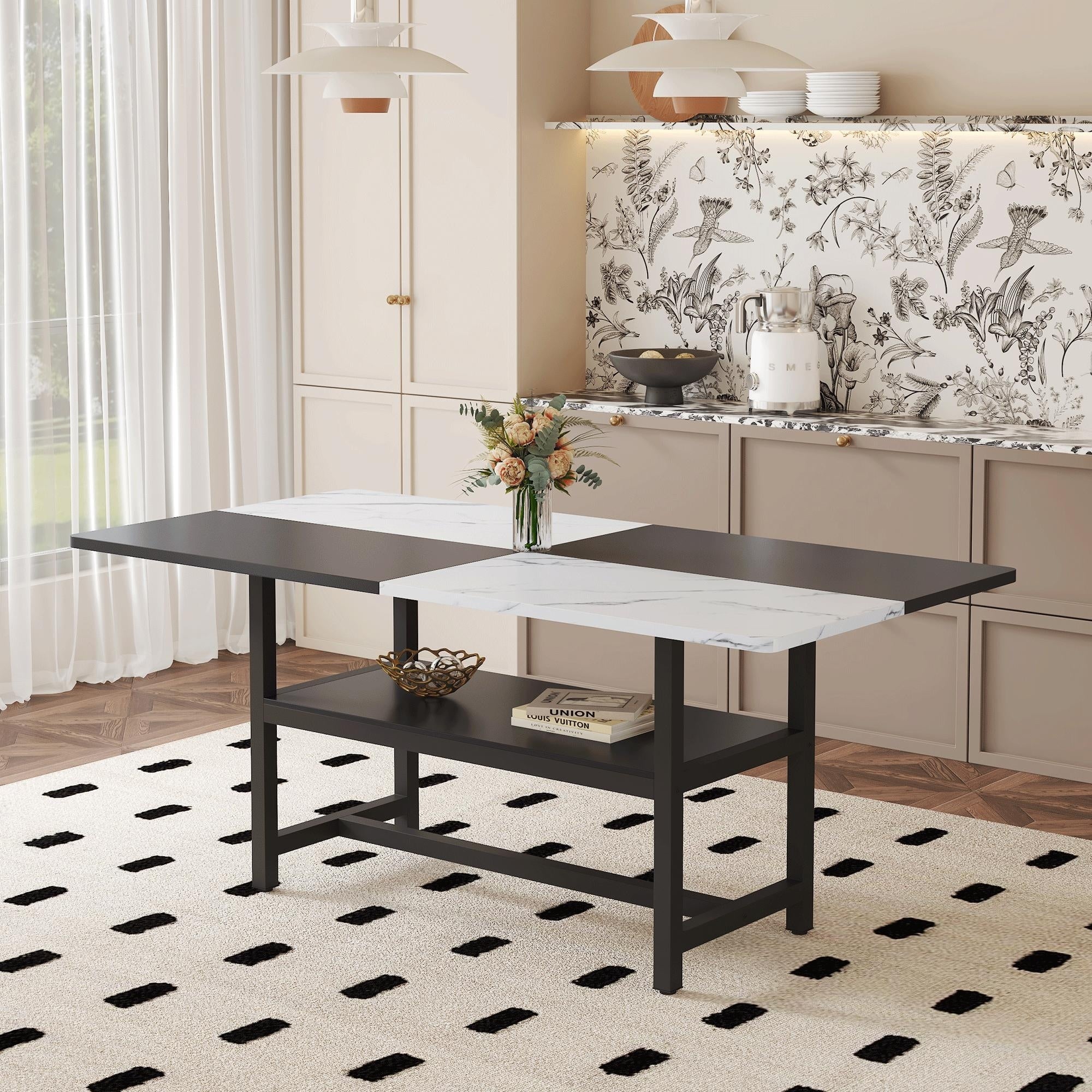 Roomfitters 71 Inch Multifunctional Dining Table Two Tone Spliced Top Large Kitchen Table Lower Storage Shelf Workspace