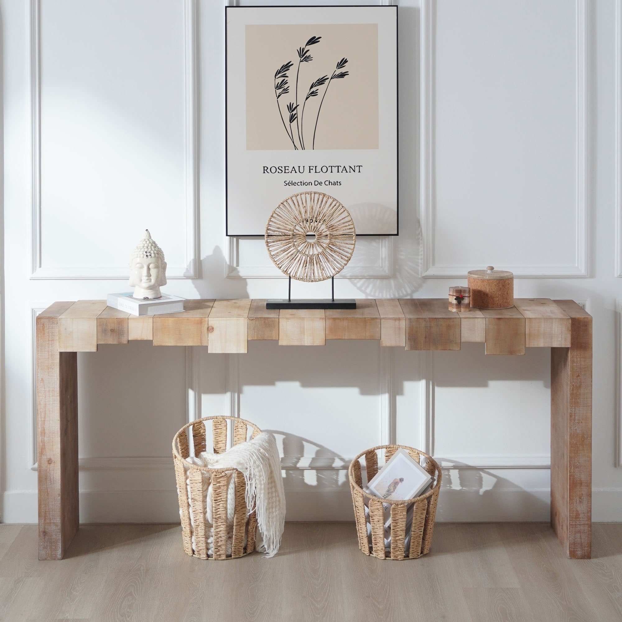 Roomfitters 71 Inch Rustic Wood Console Table With Sculpted Block Design Natural Finish