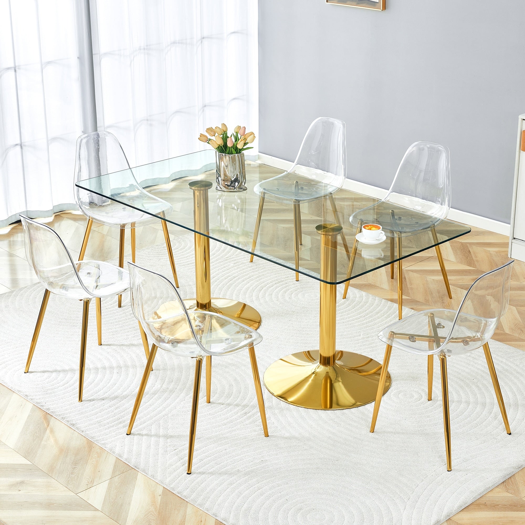 Roomfitters 71 Inch Tempered Glass Dining Table Set Transparent Chairs Double Golden Stainless Pedestal Seating For 6 8