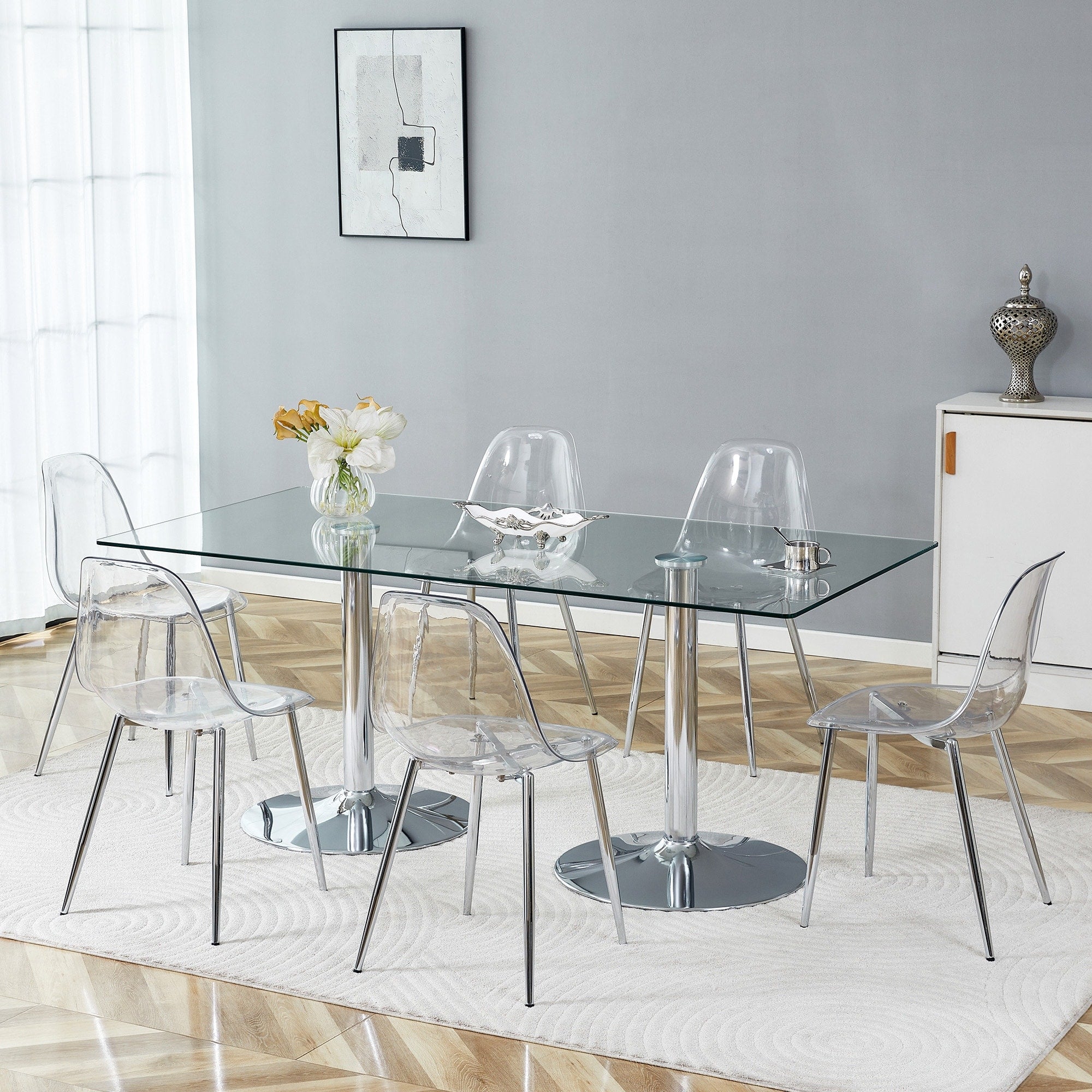 Roomfitters 71 Inch Tempered Glass Dining Table Set Transparent Chairs Double Stainless Steel Pedestal Seating For 6 8