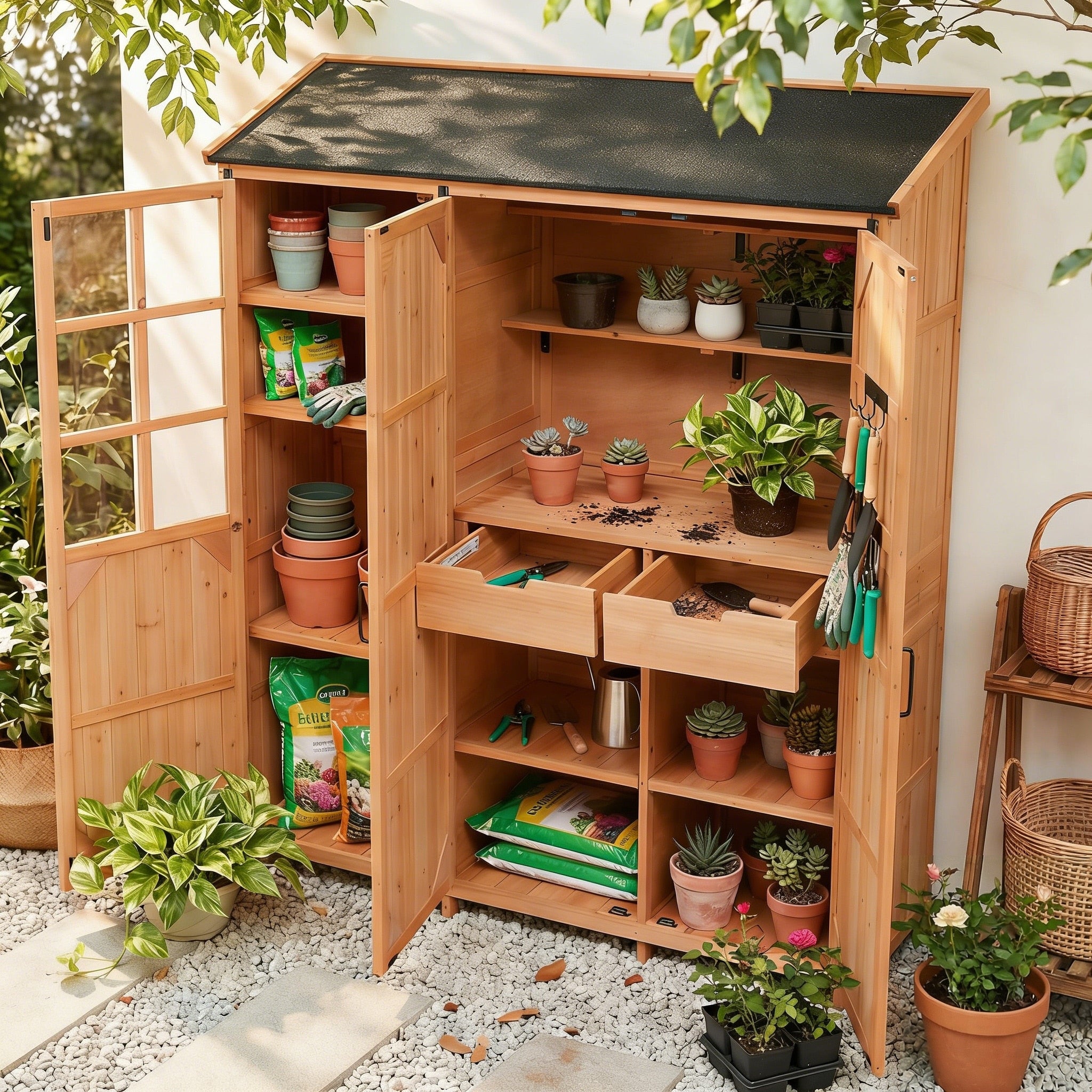 Roomfitters 71.6 Garden Potting Bench With Storage Cabinet Waterproof Roof Outdoor Potting Table Shelves Drawers