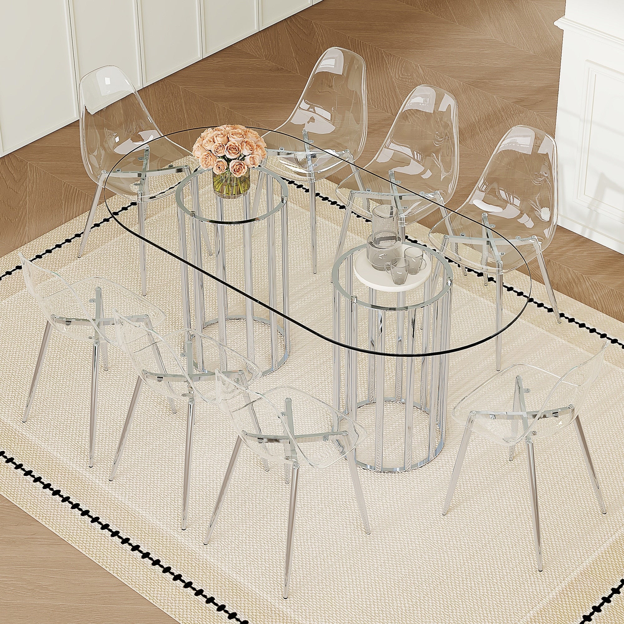 Roomfitters 71 Oval Tempered Glass Dining Table Set 8 Transparent Chairs Silver Double Column Seating For 8