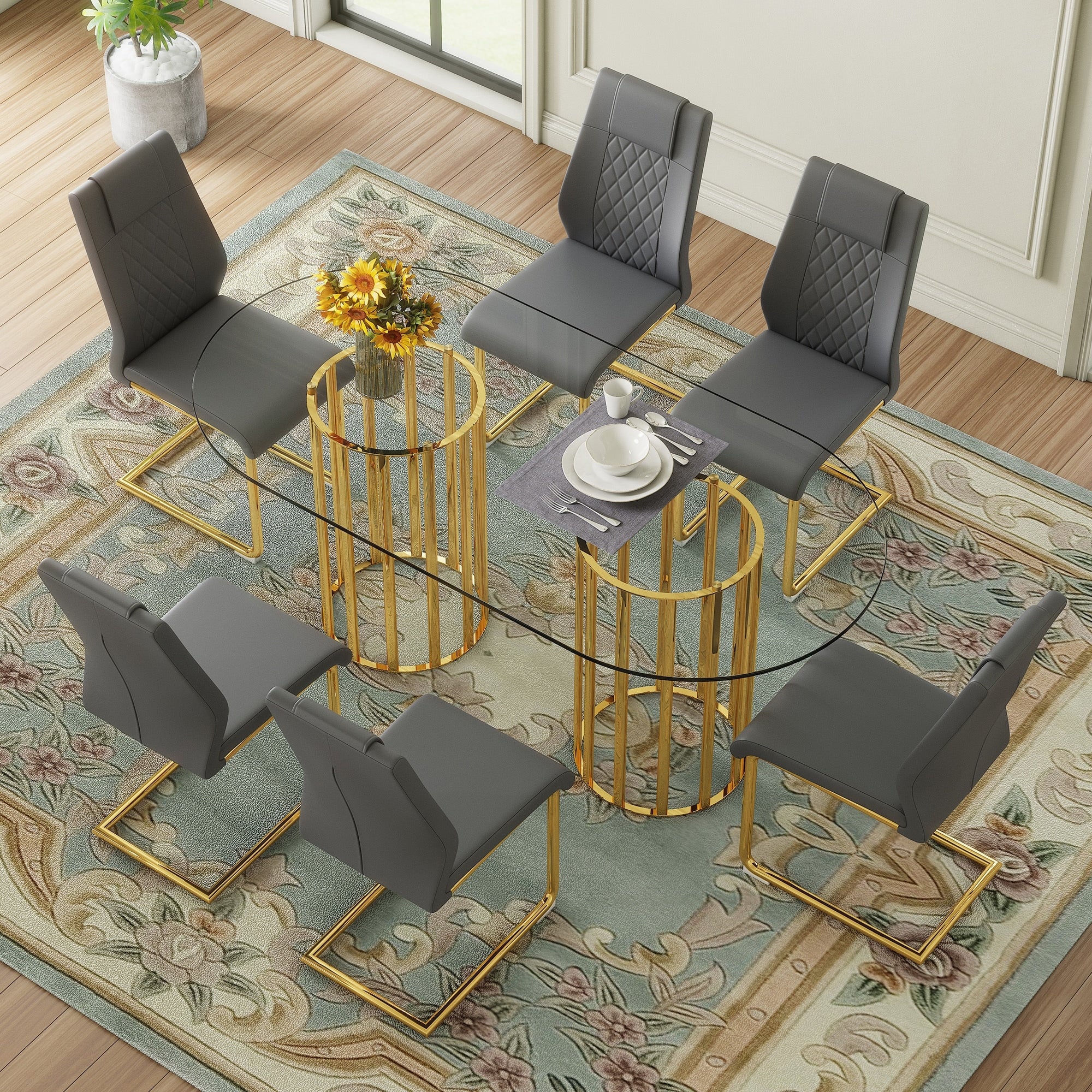 Roomfitters 71 Oval Tempered Glass Dining Table Set Dark Gray Pu Chairs Gold Double Column Seating For 6