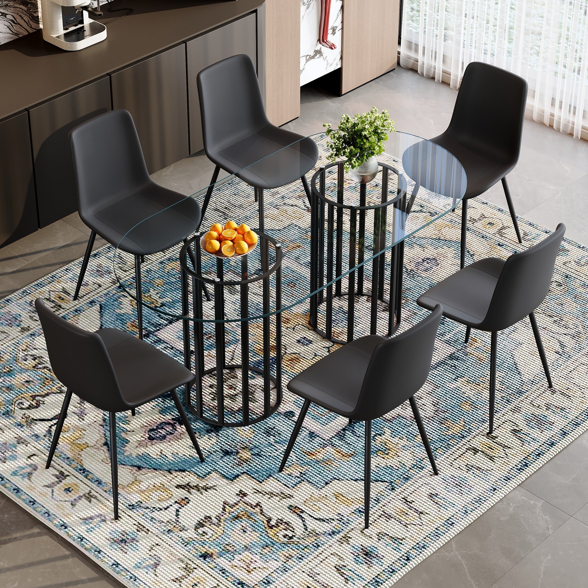 Roomfitters 71 Oval Tempered Glass Dining Table Set Pu Chairs Black Double Column Seating For 6 8