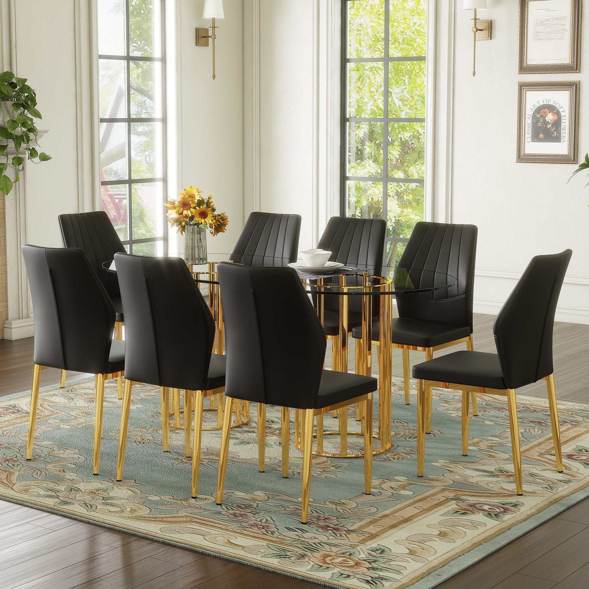 Roomfitters 71 Oval Tempered Glass Dining Table Set Pu Chairs Gold Double Column Seating For 6 8