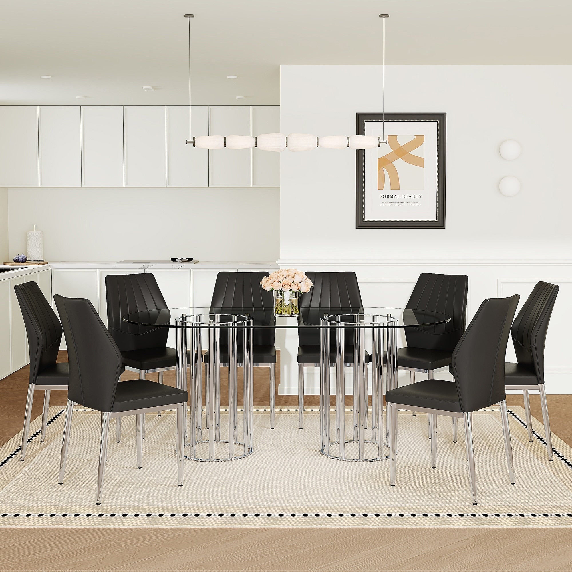Roomfitters 71 Oval Tempered Glass Dining Table Set Pu Chairs Silver Double Column Seating For 6 8