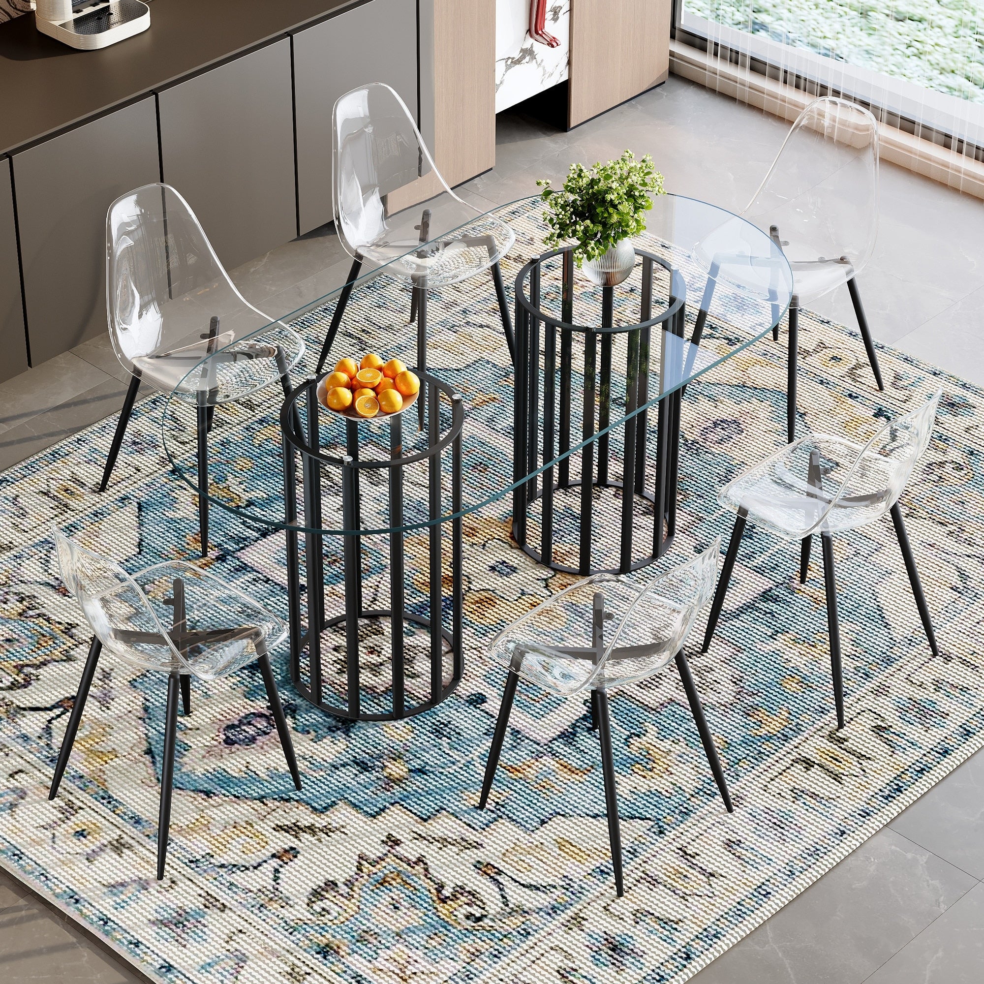 Roomfitters 71 Oval Tempered Glass Dining Table Set Transparent Chairs Black Double Column Seating For 6 8