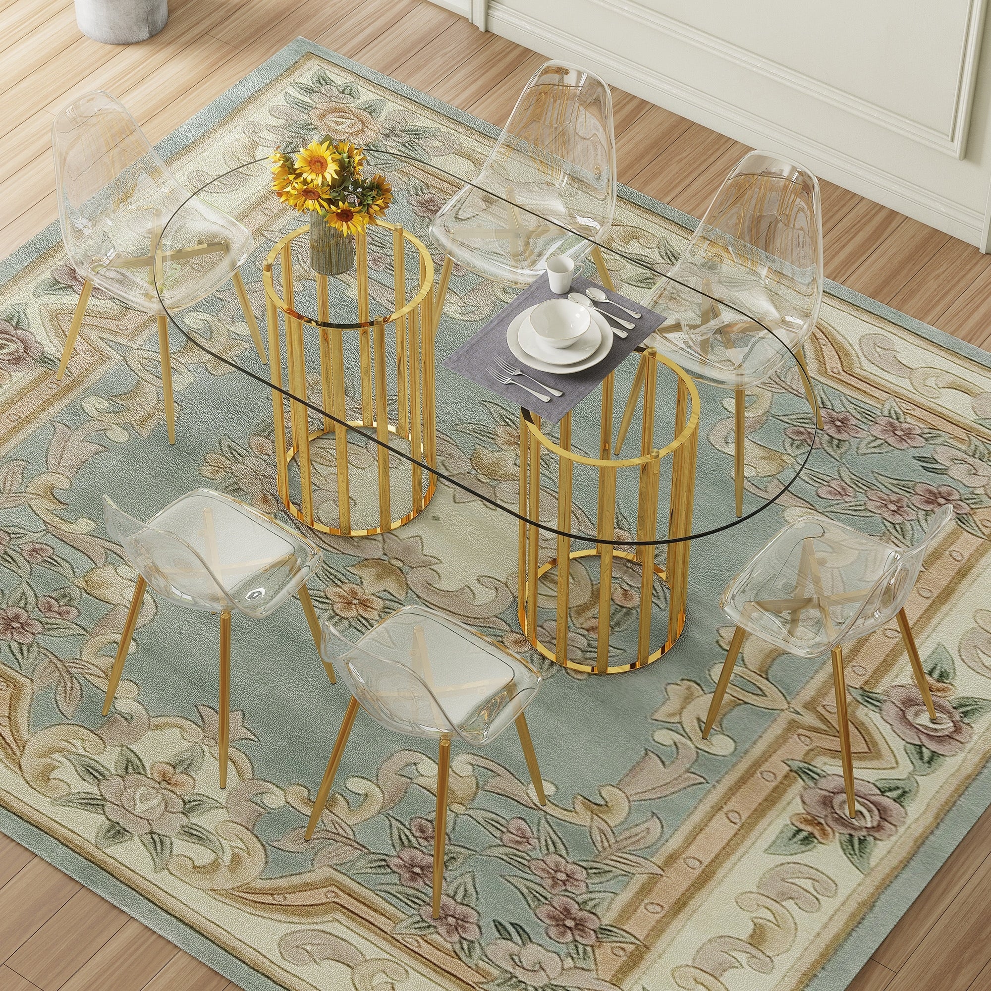 Roomfitters 71 Oval Tempered Glass Dining Table Set Transparent Chairs Gold Double Column Seating For 6 8