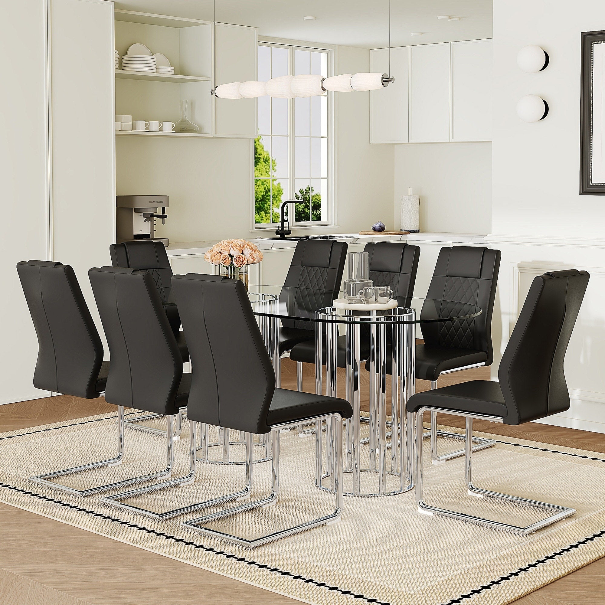 Roomfitters 71 Oval Tempered Glass Table Set Pu Chairs Silver Double Column Pedestal Seating For 6 8