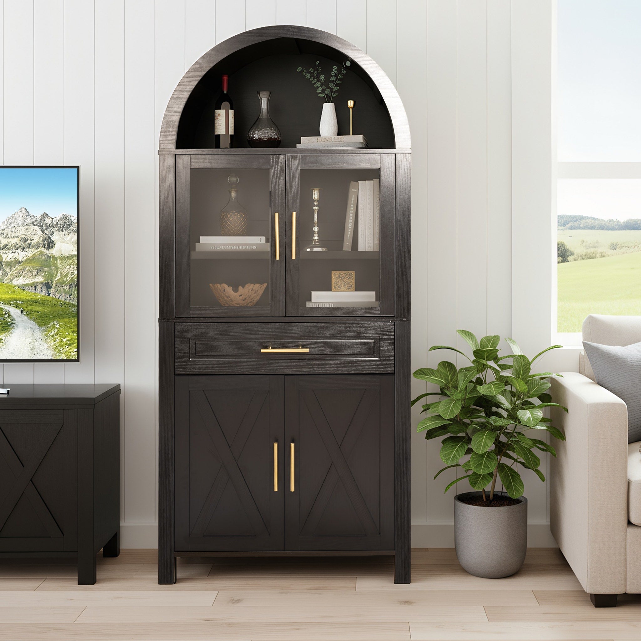 Roomfitters 71 Tall Arched Farmhouse Pantry Cabinet With Glass Barn Doors Pull Out Drawer