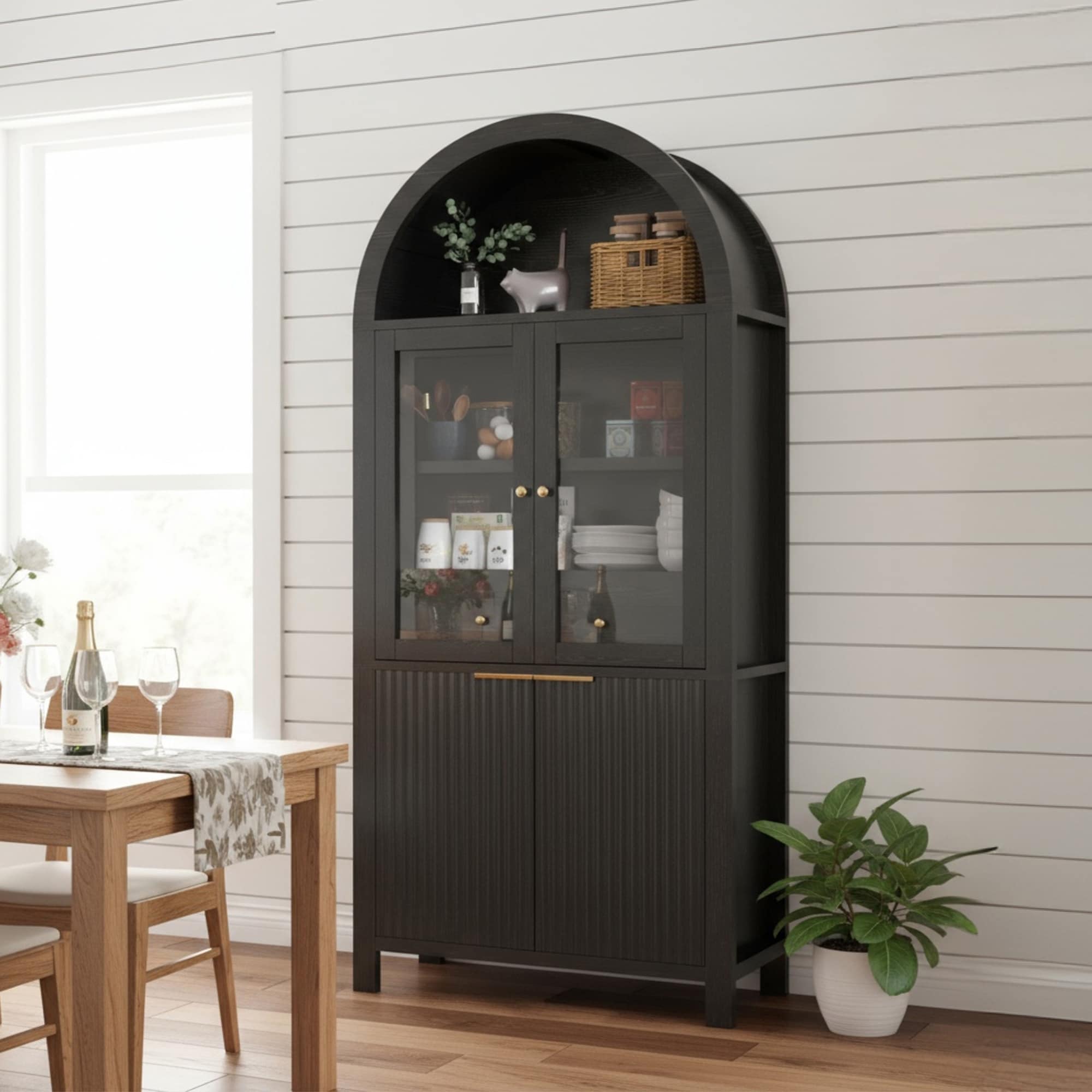 Roomfitters 71 Tall Arched Pantry Cabinet With Fluted Glass Doors Hidden Drawer 4 Door Display Cupboard