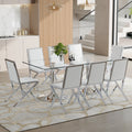 Roomfitters 71 Tempered Glass Dining Table Set Pu Chairs Polished Stainless Steel Pedestal Seating For 6 8