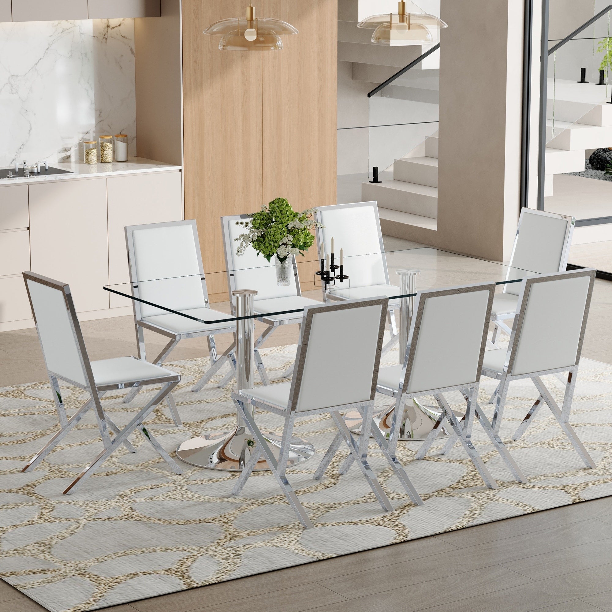 Roomfitters 71 Tempered Glass Dining Table Set Pu Chairs Polished Stainless Steel Pedestal Seating For 6 8
